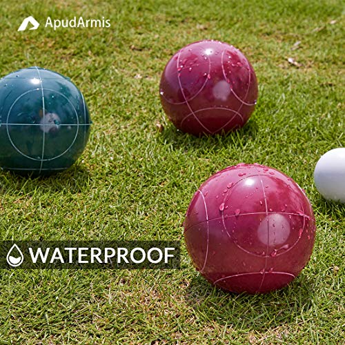 ApudArmis Bocce Balls Set, Regulation Size 100mm Bocce Game for Outdoor/Backyard/Lawn/Beach with 8 PCS 100% Resin Balls / 1 Pallino/Nylon Carrying Case/Measuring Rope (Red & Green)