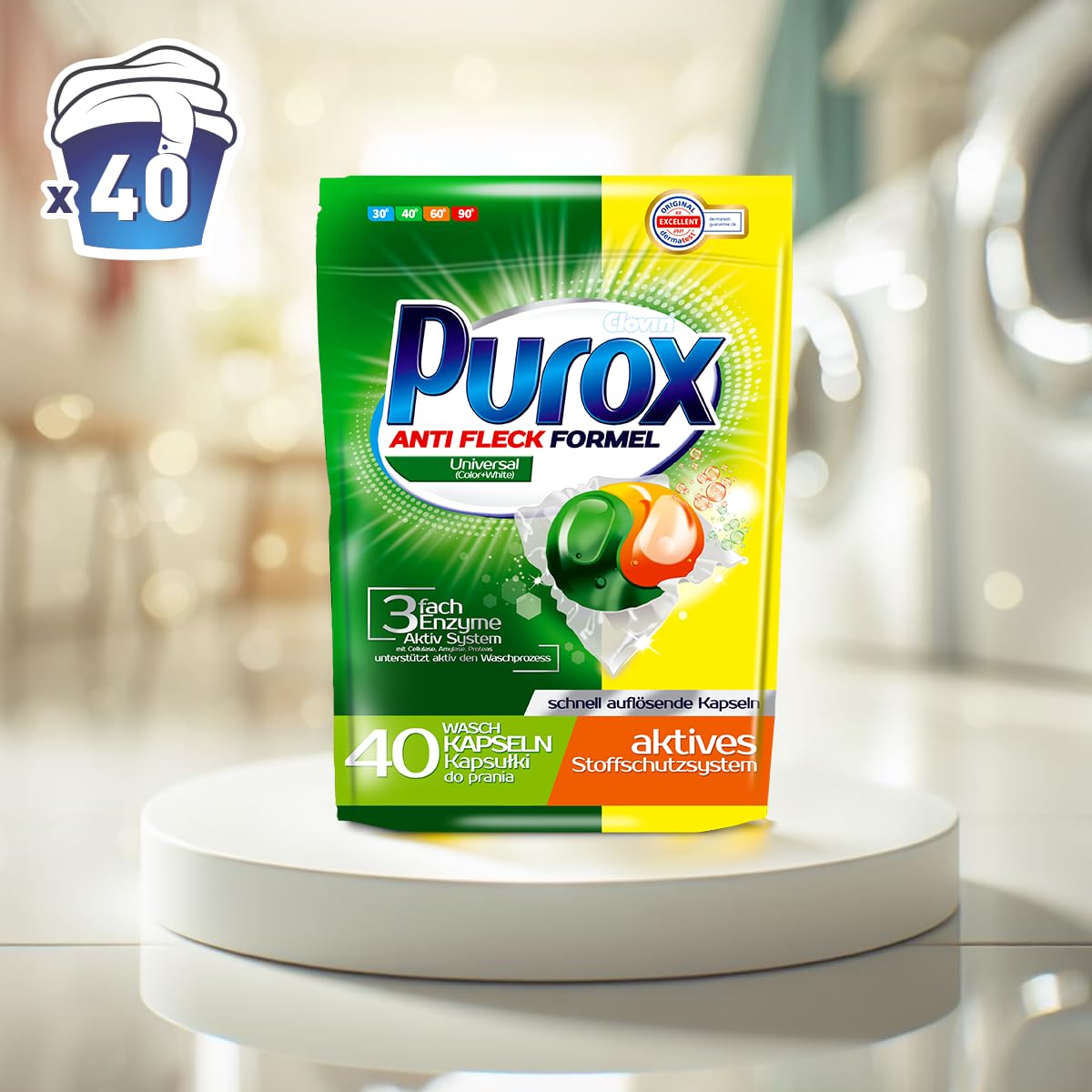 PUROX uniwersalne kapsułki do prania (40 prań) kapsułki z podwójną przegródką na białe i kolorowe ubrania, Doypack