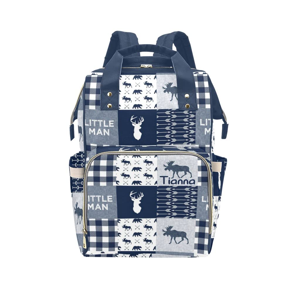 XOZOTY Antler Little Man Navy Plaid Diaper Bags with Name Waterproof Mummy Backpack Nappy Nursing Baby Bags Gifts Tote Bag for Women