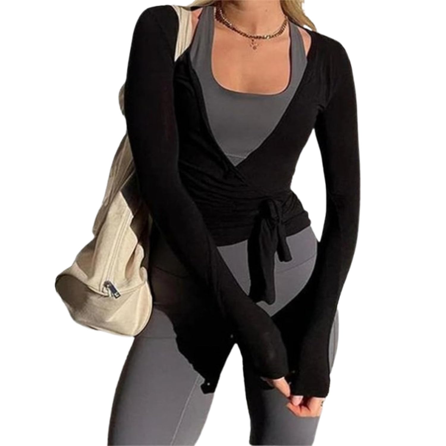 Haut Court Cache-cœur à Manches Longues Style années 2000 pour Femme, col V Profond, Coupe ajustée, Style féerique, idéal pour Le Yoga et l'entraînement.