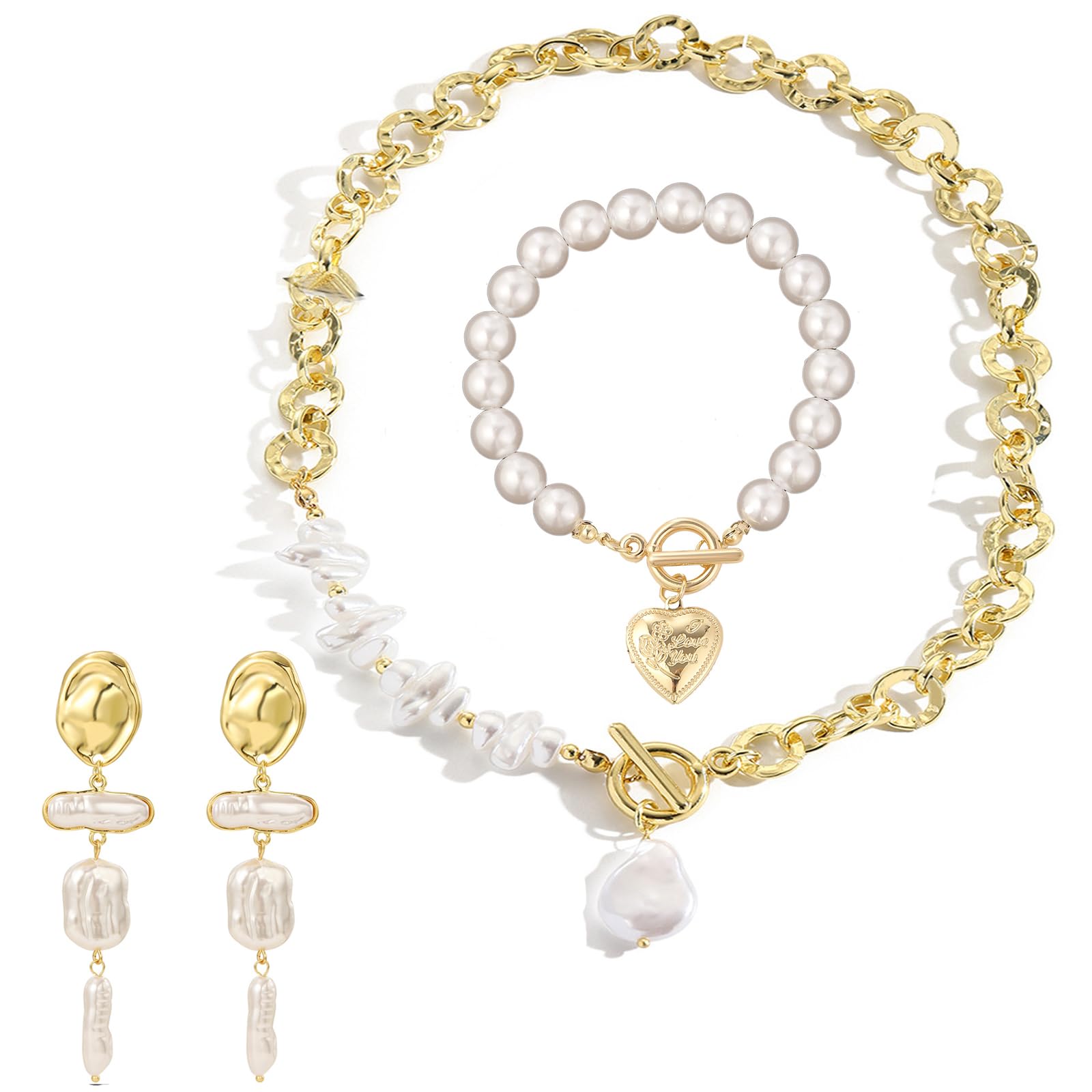 YWhalepPearl Jewelry Necklace Earring Bracelet Sets for Women, Bridal Choker White Pearl Necklace Pearl Earring for Women for Wedding Party