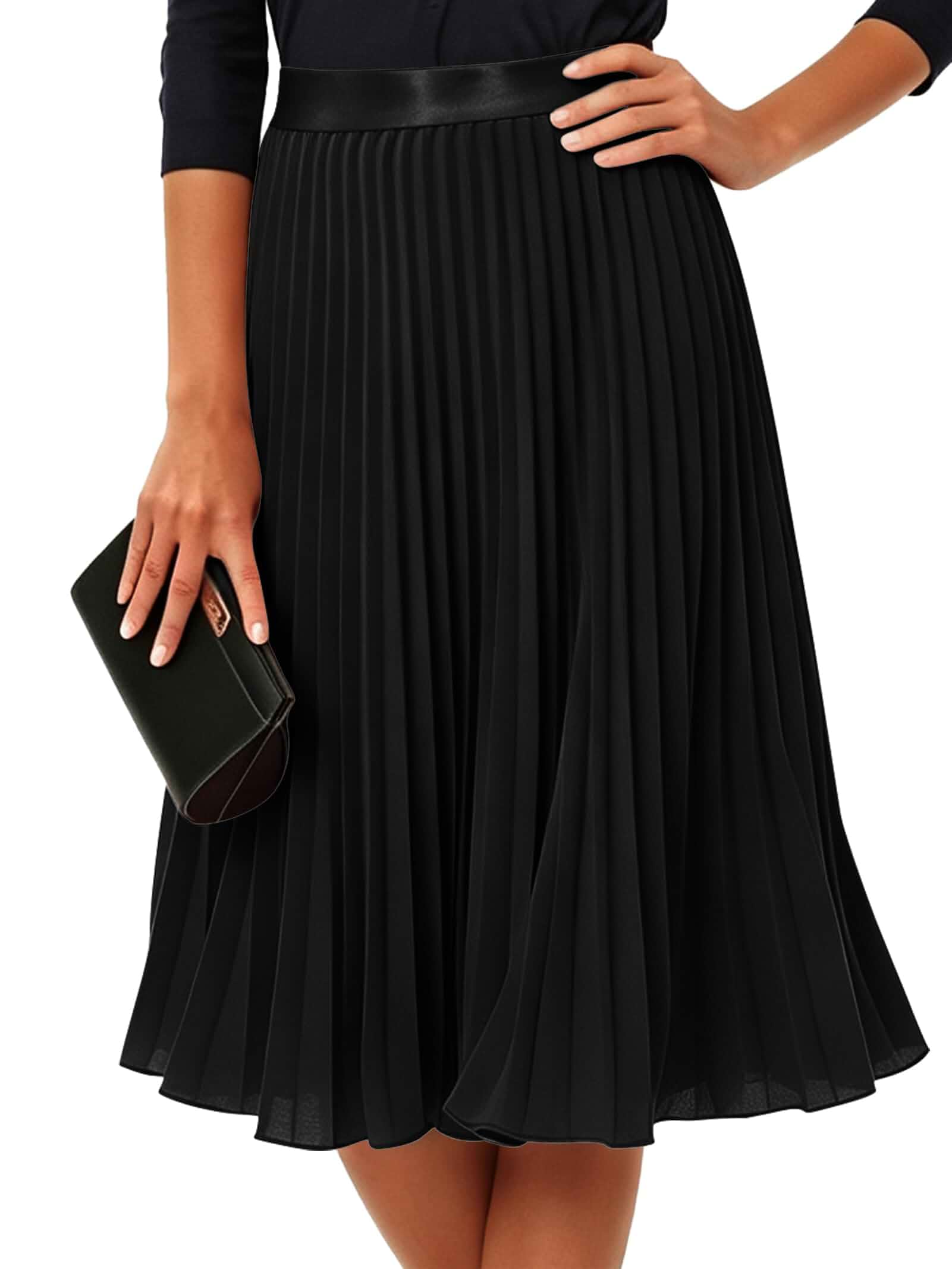 Naggoo Womens Pleated Midi Skirt Flowy A Line Elastic High Waist Long Skirt Chiffon, Swing, Flared, Double Lined, Ladies Knee Length Skirt for Fall Winter Casual Dailylife Holiday Party Work