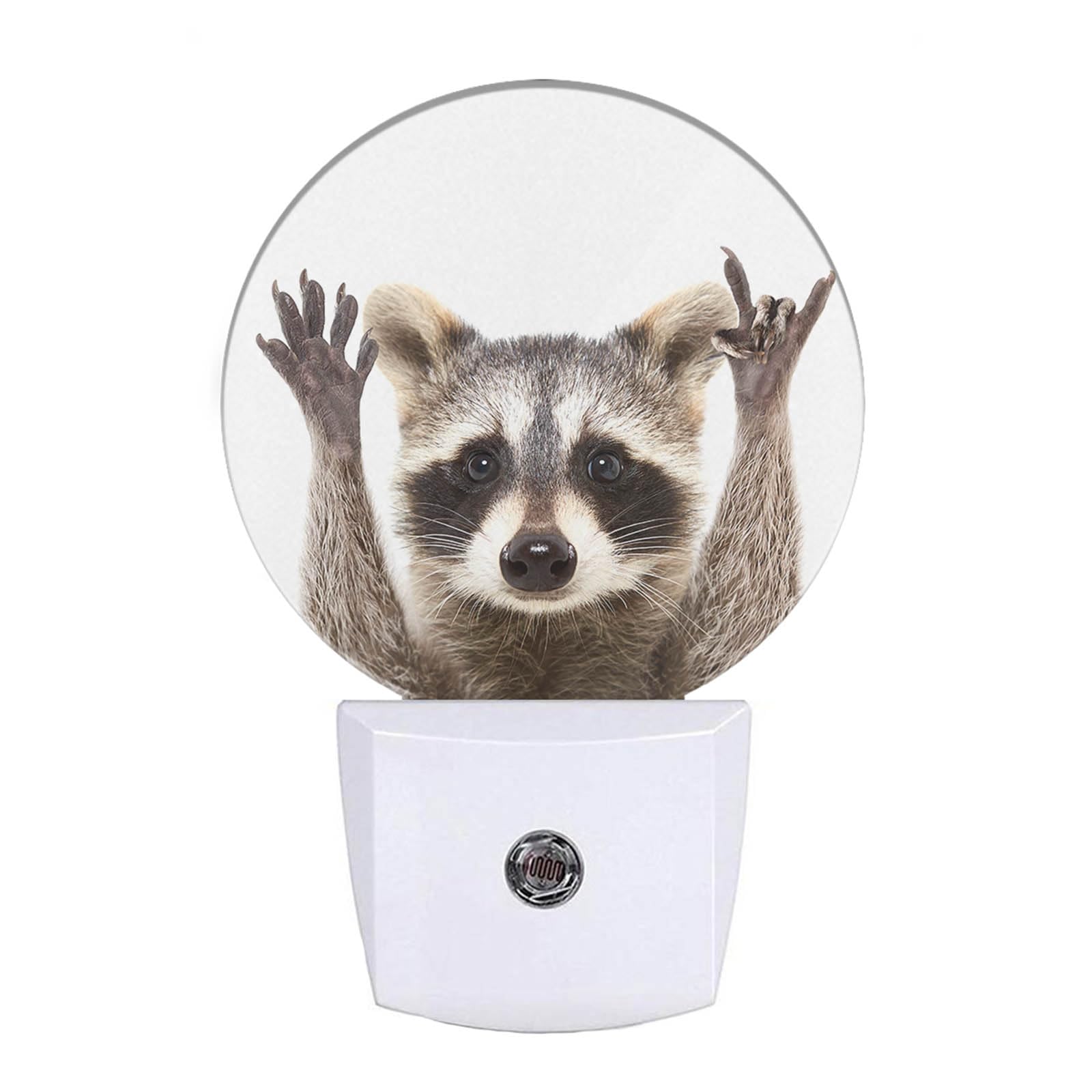 EKOBLA Raccoon Night Light Cute Animal Raccoon with Cool Rock N Roll Pose Night Lights Plug into Wall Auto Sensor Fun Funny LED Round Lamp for Men