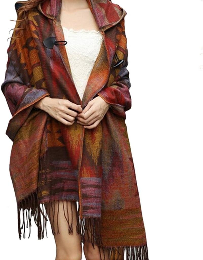 Datework Women Vintage Hooded Cloak Cape Bohemian Fringed Shawl Scarf (Orange)