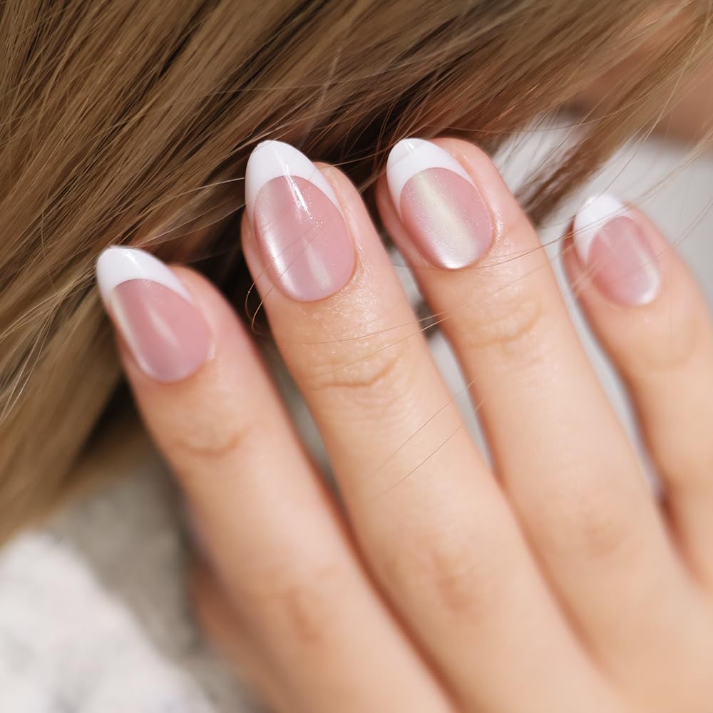 PROTIPS - Unghie finte a pressione, effetto occhio di gatto, 150 pezzi, in gel morbido, riutilizzabili, in 15 misure, stile francese prefabbricate, per manicure fai da te, look da salone