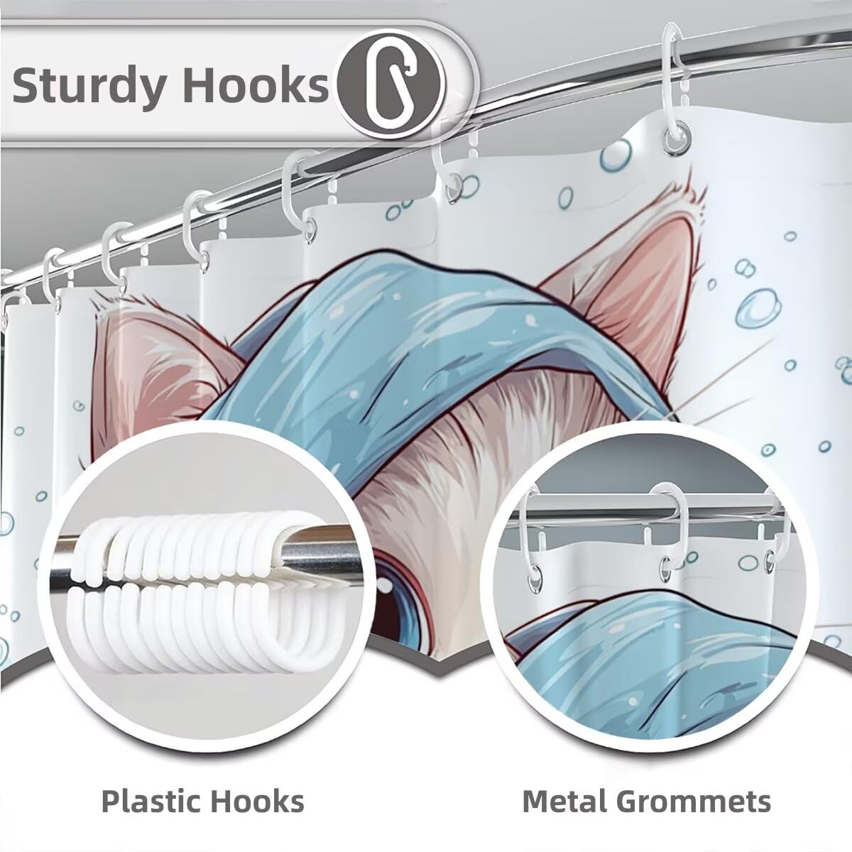Weiß Duschvorhang 240x200, Duschrollo mit 12 Duschvorhang Haken, Katze Shower Curtains Beschwerter Saum, Waschbar Polyester Stoff Wasserdicht Extra Lang für Badewanne Badezimmer Deko, Geschenke -3443