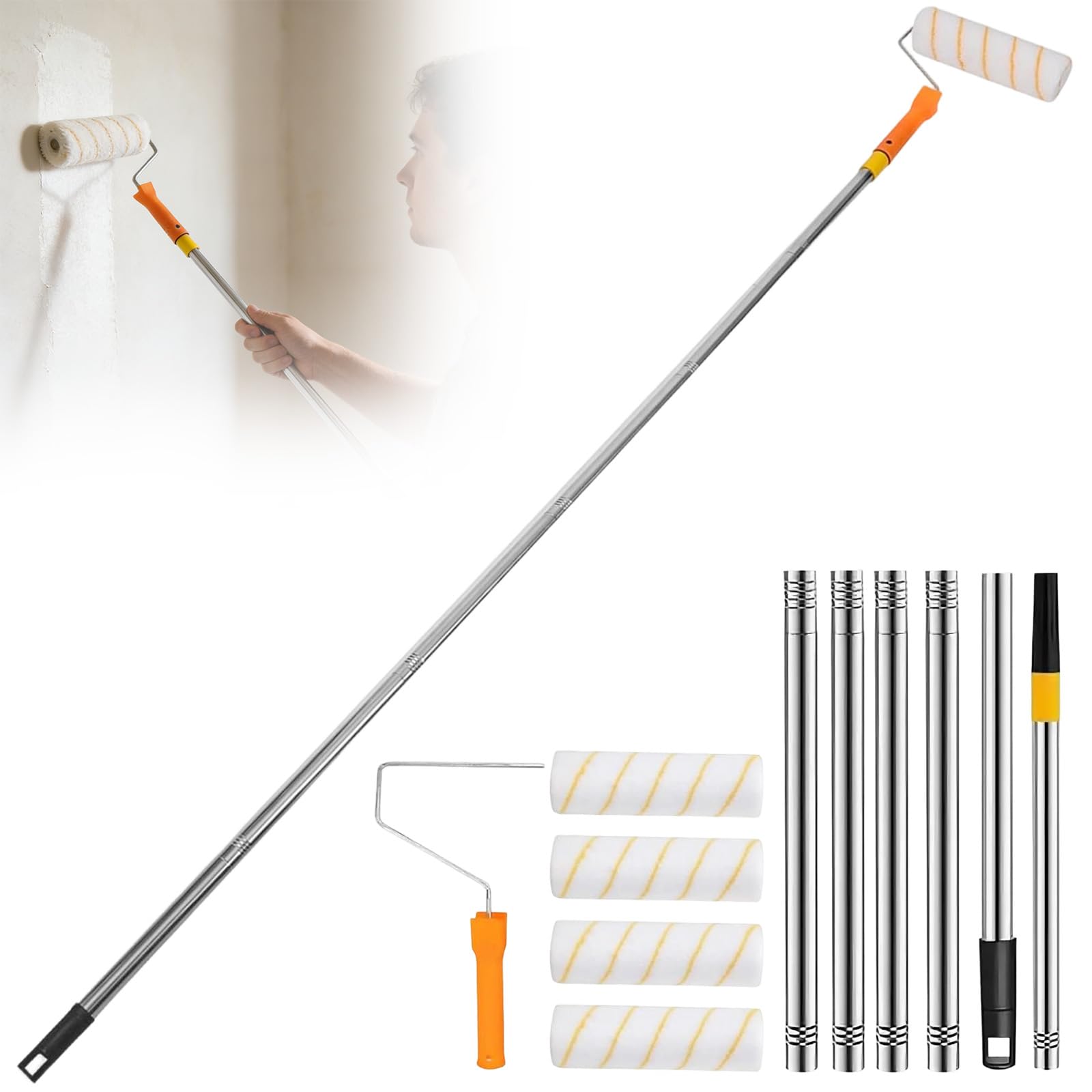 Set di Rullo Pittura con Asta Telescopica Regolabile 30-180cm & 4 Rulli Imbiancare, Set Attrezzi DIY Ristrutturazione per Verniciatura Pareti, Soffitti e Superfici Interne & Esterne