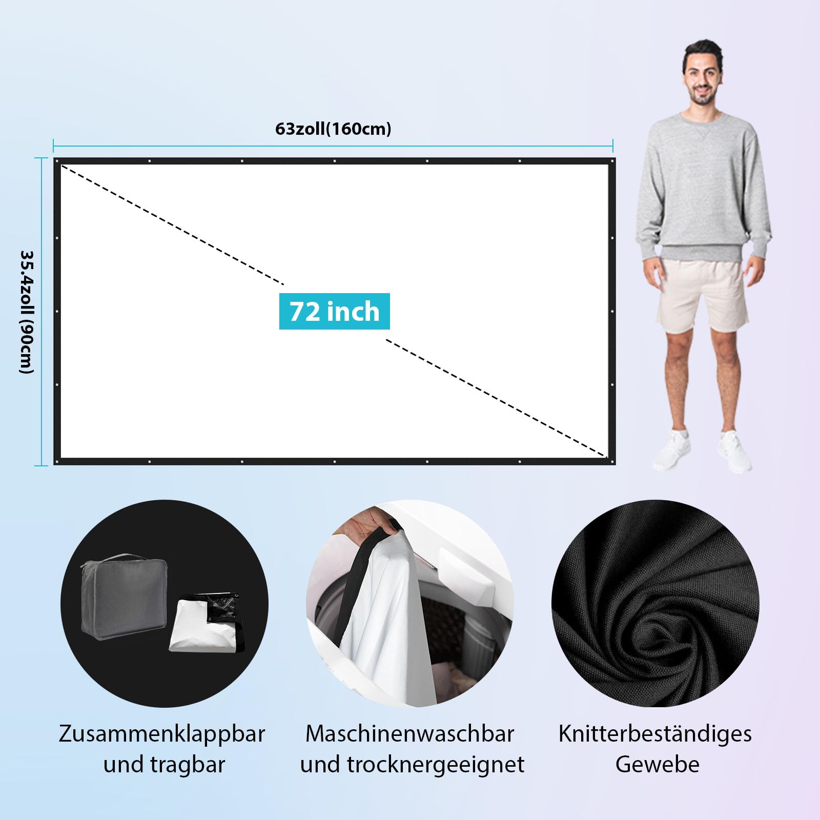 Beamer Leinwand 72 Zoll Outdoor: LEORFI Verbessert Schwarzer Hintergrund Schwarz undurchsichtig - Tragbare Projektionswand Indoor - Projektor Leinwand Faltbar Waschbar für Heimkino - mit Tragetasche