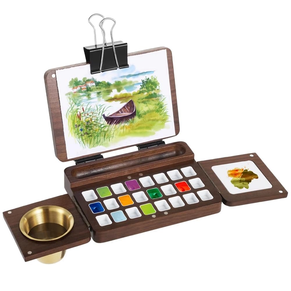 de Acuarela de Madera de 24 Cuadrículas de Acuarela de Viaje de Madera de Nogal Caja de Vacía Plegable Bandeja de Pintura
