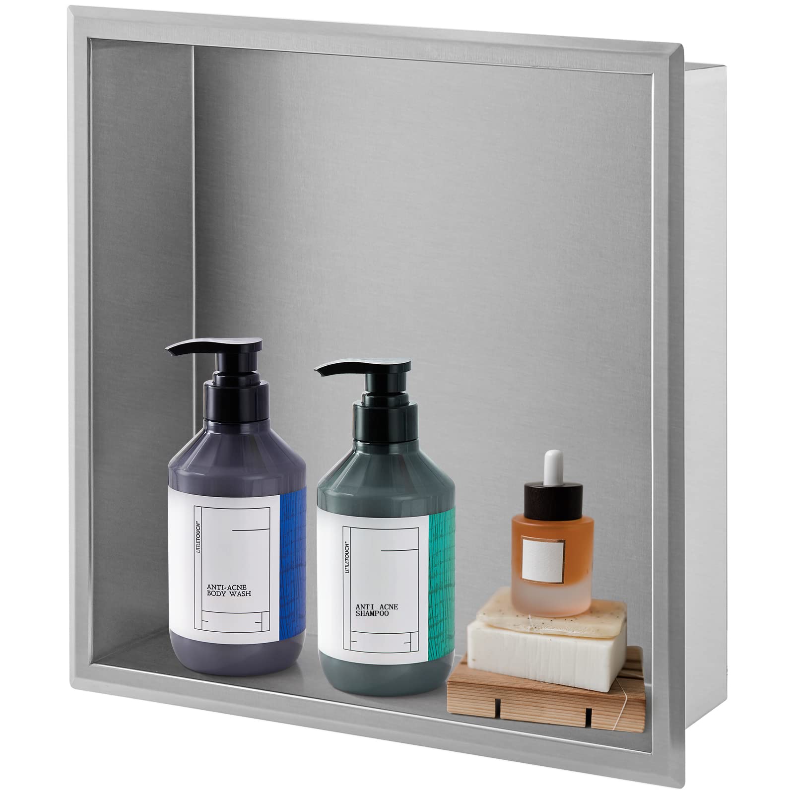 Sanbege 16"×16" Shower Niche Brushed Stainless Steel, Recessed Shower Caddy, Bathroom Shelf Insert Fits for 14-3/4" Square Wall Hole Installation (