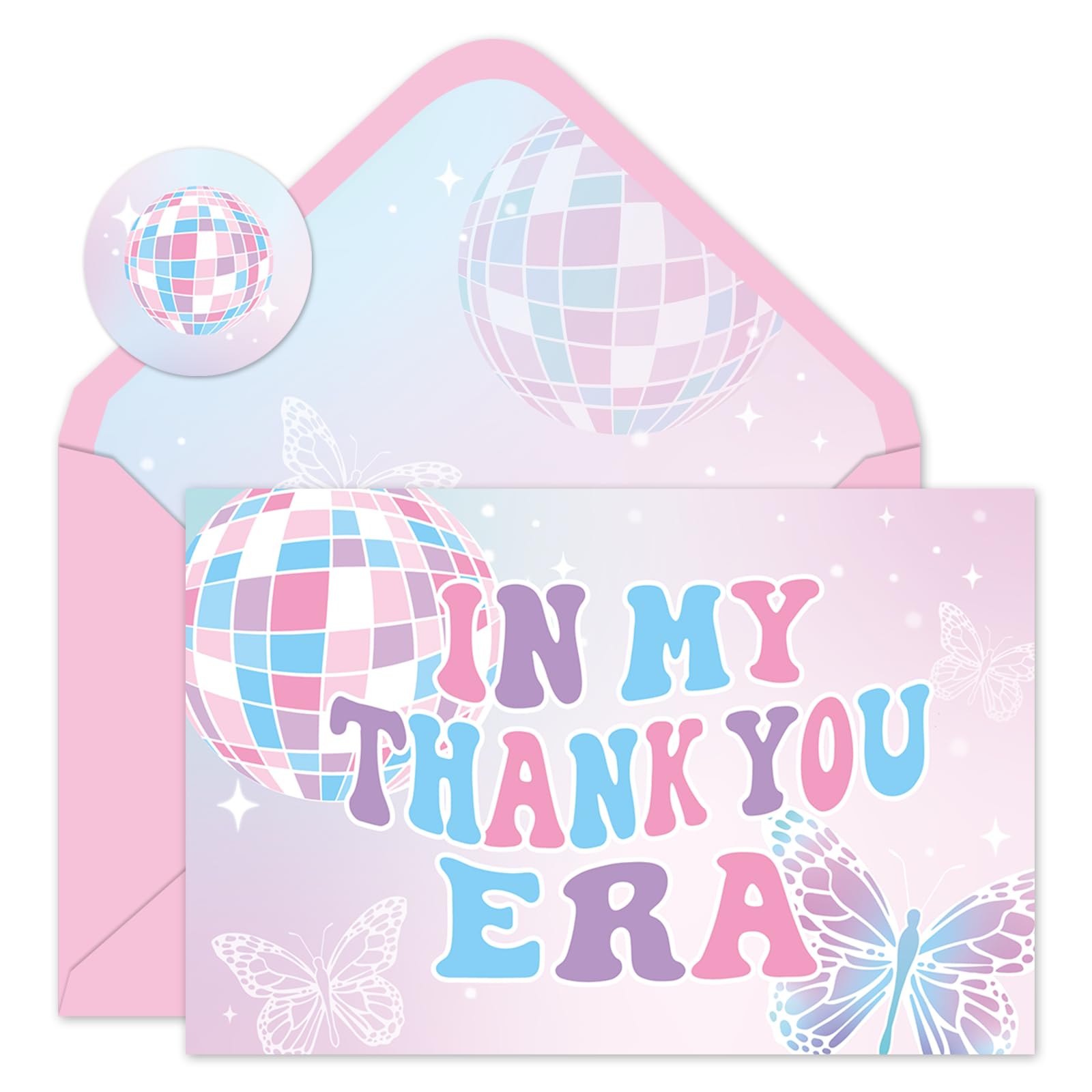 JarThenaAMCS 24 Pack In My Thank You Era Cards Pink Purple Disco Ball Butterfly Greeting Cards With Envelopes Stickers Blank Note Cards for Disco