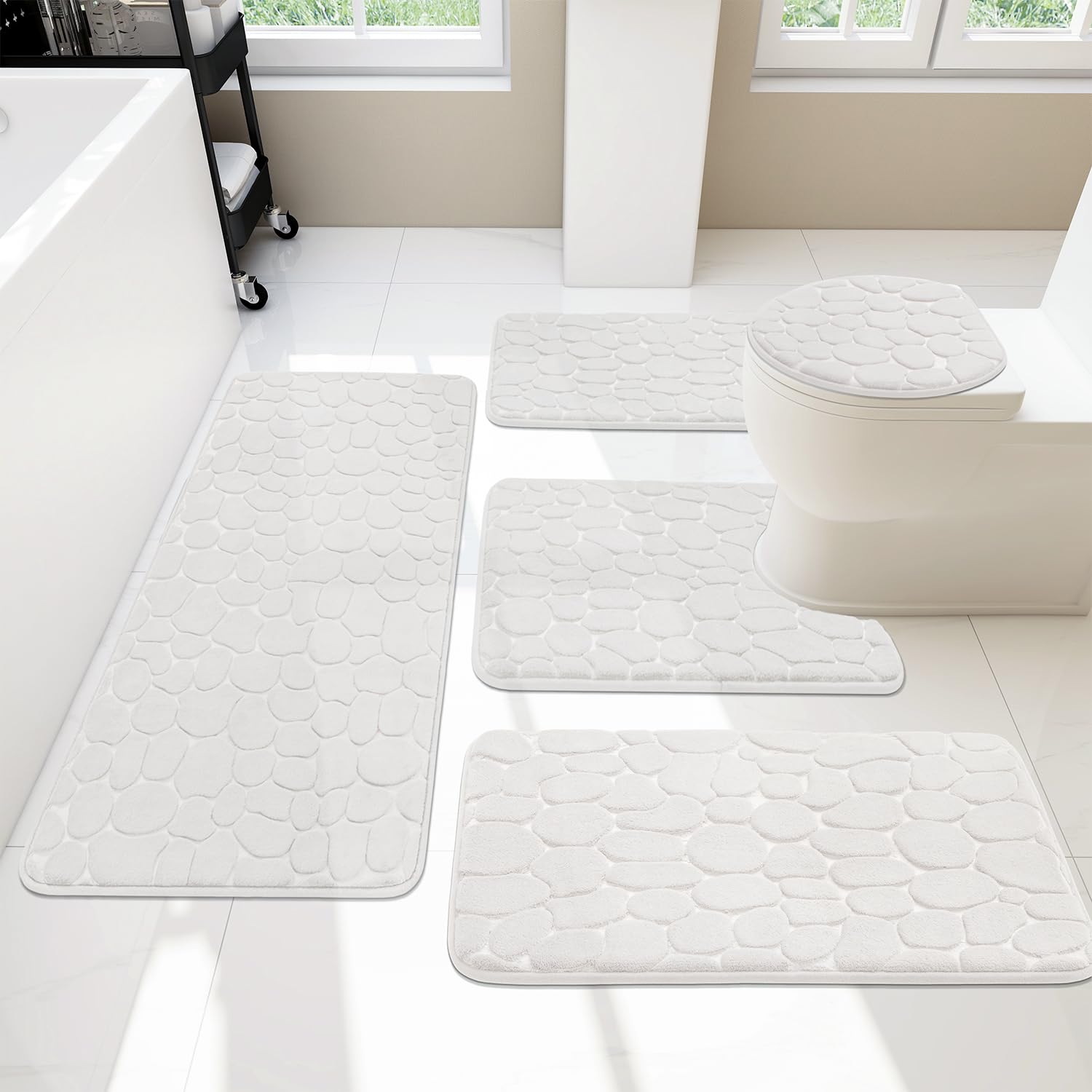 YIHOUSE Bathroom Rugs Mat Set 5 Piece White, Memory Foam Bath Mats Sets, Non Slip Water Absorbent Washable Bath Rugs for Sink, Toilet and Floor