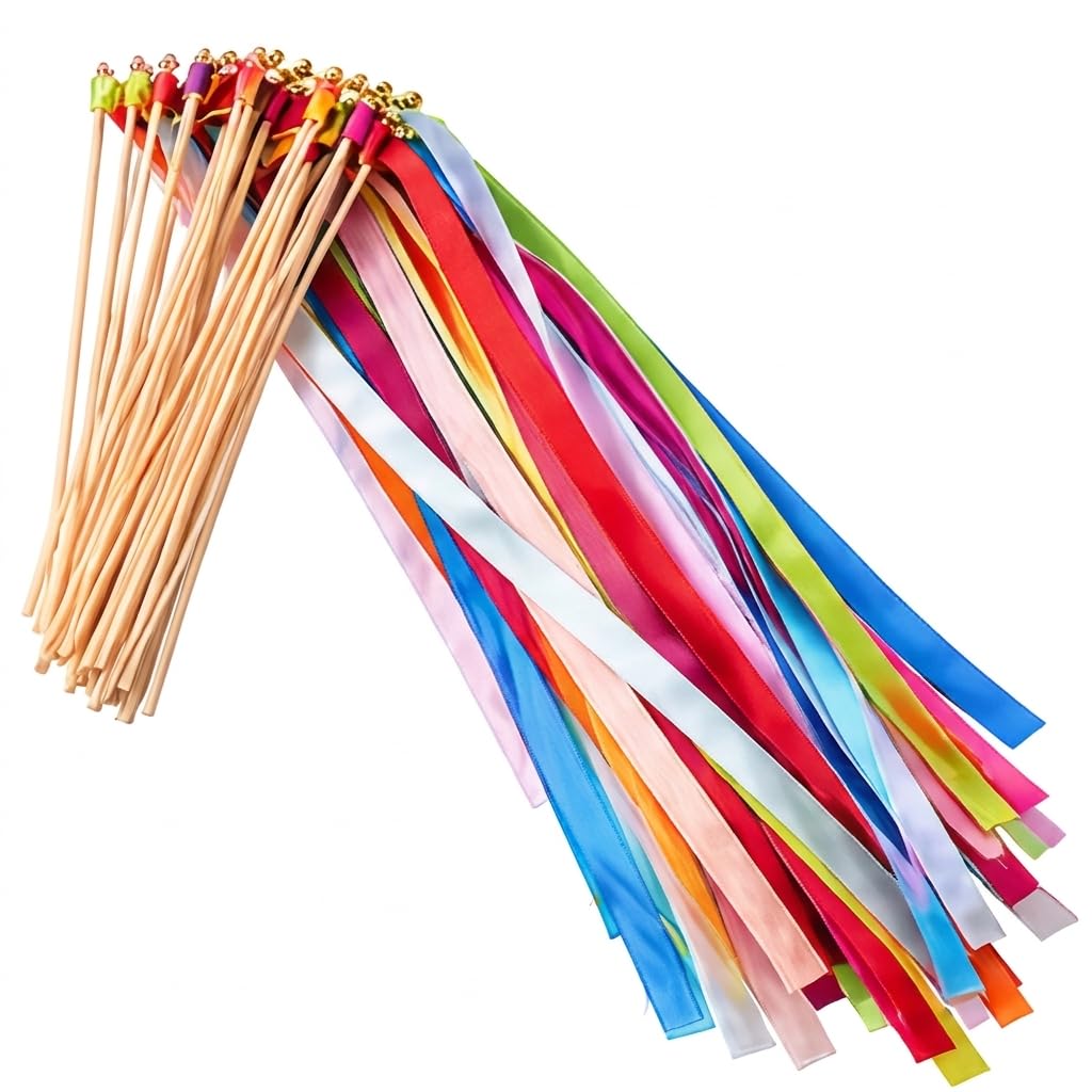50 Pcs Rainbow Ribbon Dance Wands, Colourful Ribbon Dancer Sticks with Wooden Handles and Bells, Dancing Ribbons for Kids, Birthday Parties, Weddings, School Activities and Party Bags