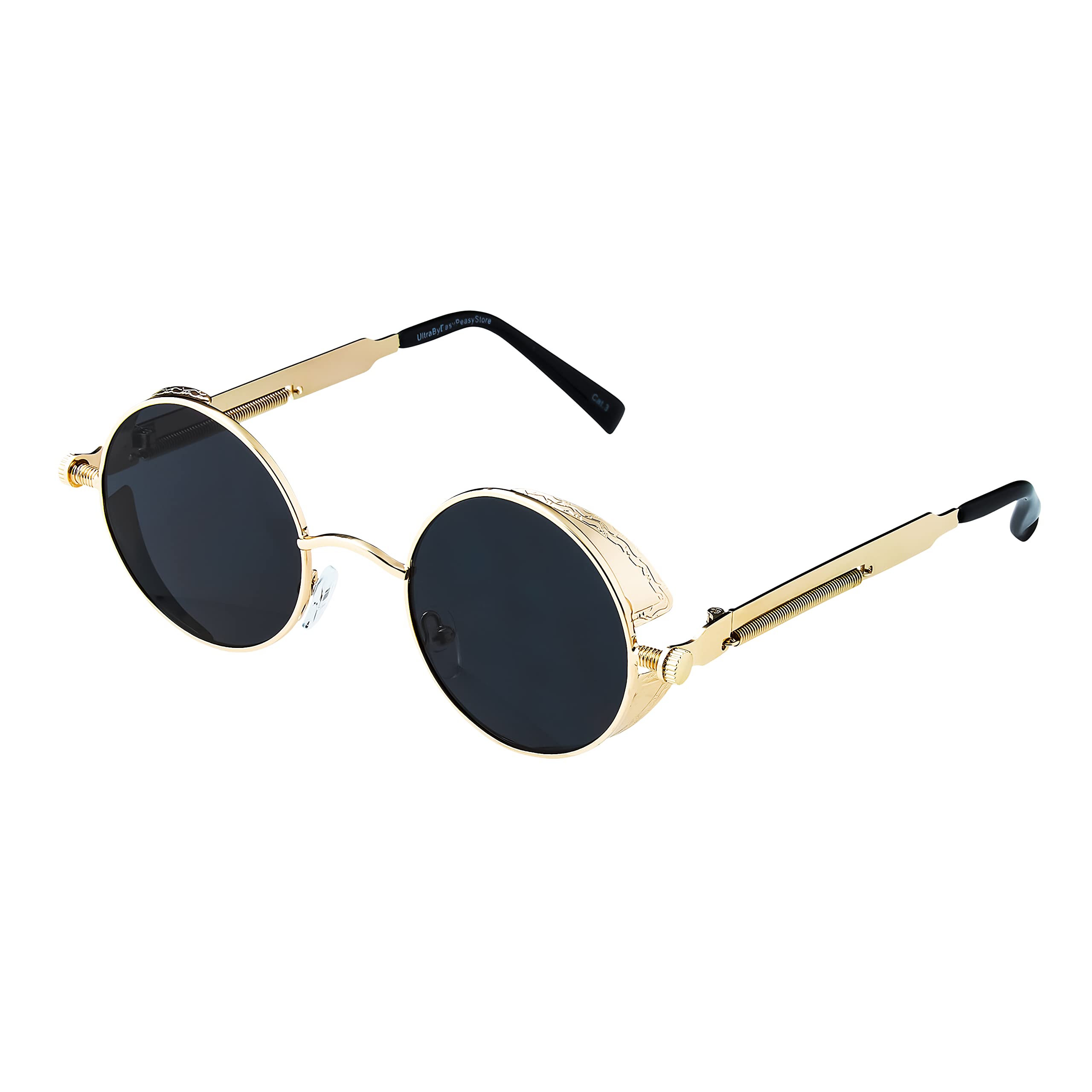 Ultra Steampunk Sunglasses Round with Side Shields - UV400 Protection, Vintage Retro Goggles for Men Women, Festival Cyber Goth Rave Glasses - Gold with Black Lenses