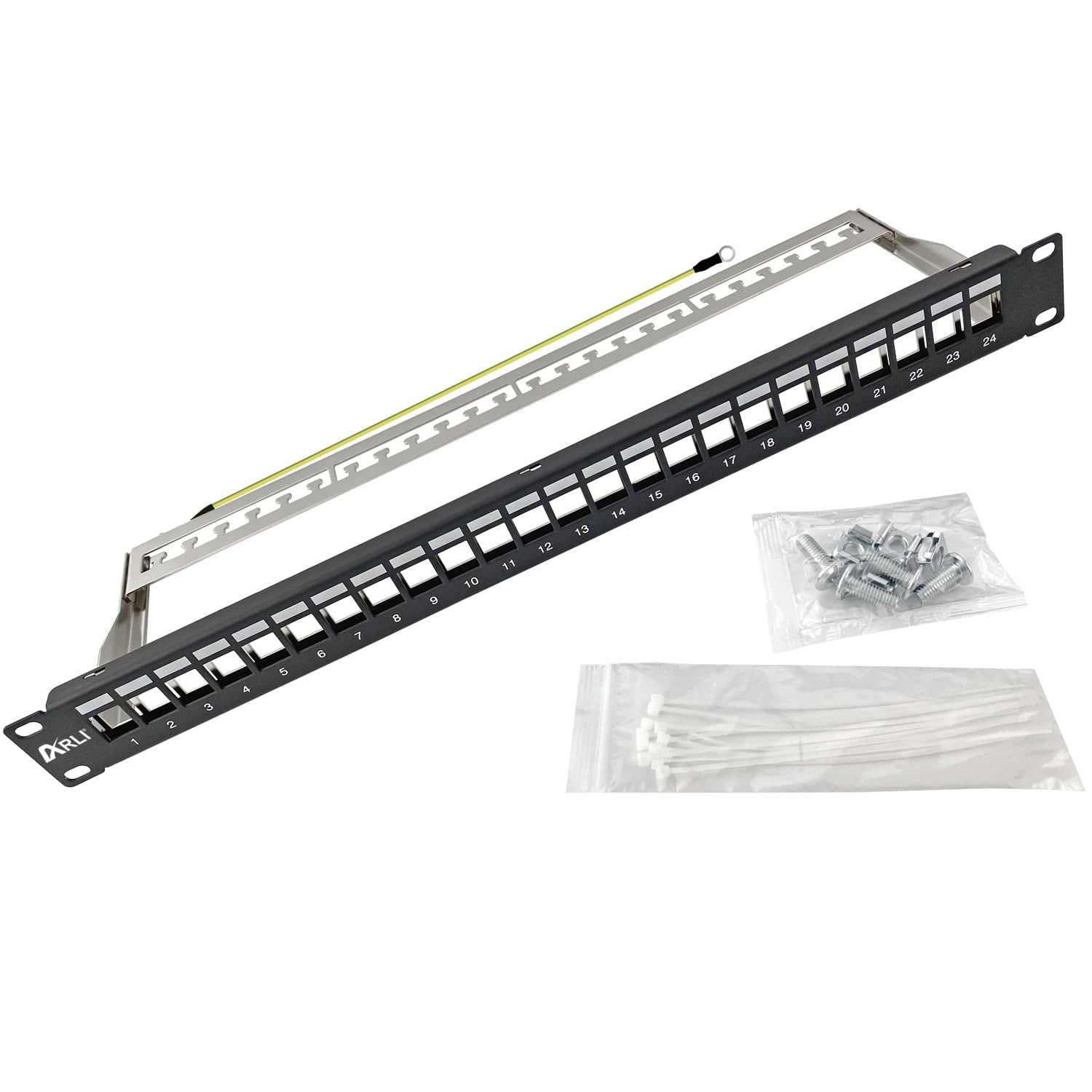ARLI 24 Port 19" Patchpanel Set Patchfeld Modular 1HE 19 Zoll Rackeinbau + 24x Keystone Module CAT8.1 Kompatibel CAT7 LAN Netzwerk Verlegekabel Schwarz