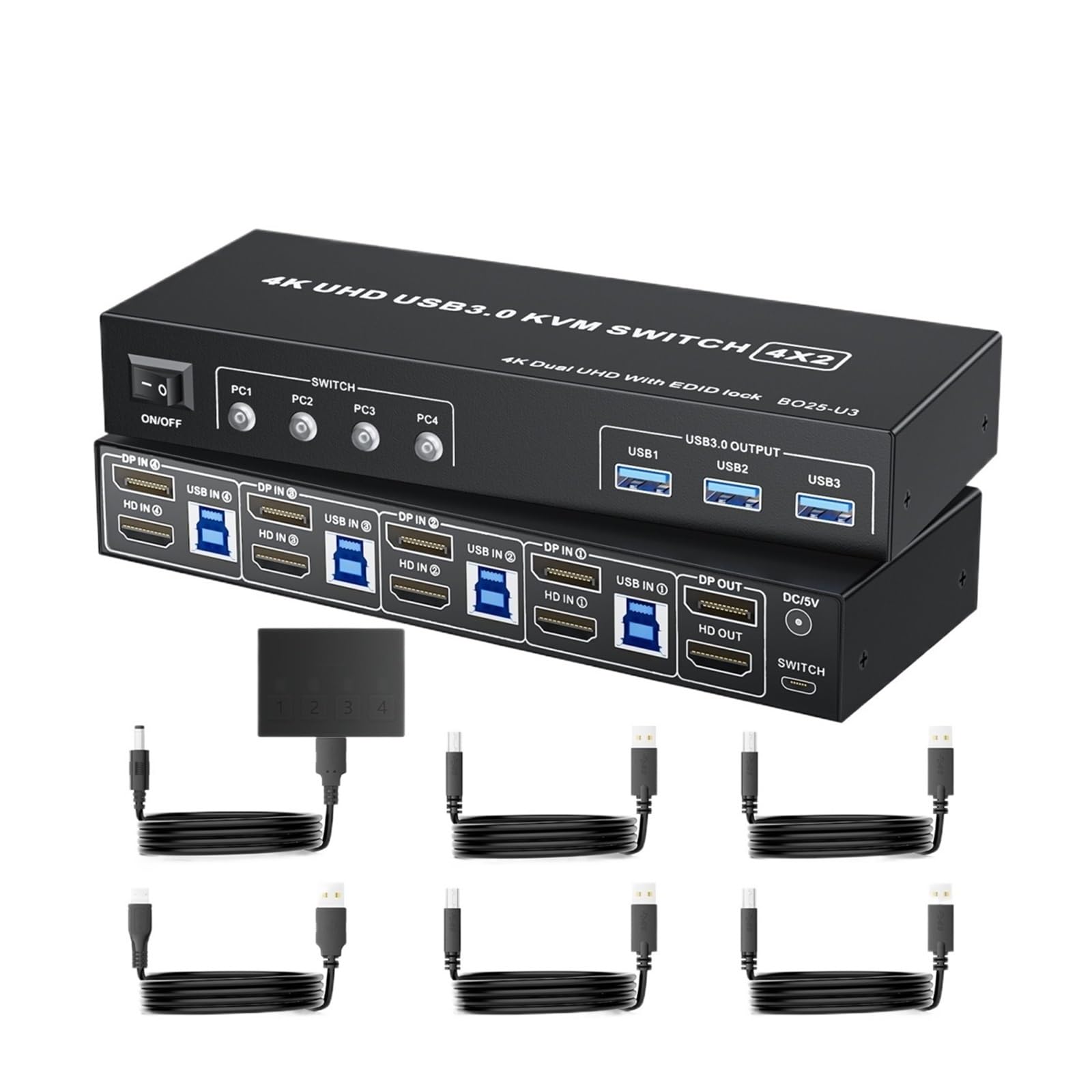 4K@60Hz USB 3.0 HDMI Displayport KVM Switcher HDMI 2.0 DP Extended Display Switch for 4 Computers Share 2 Monitors(USB Power Cable)-image-45