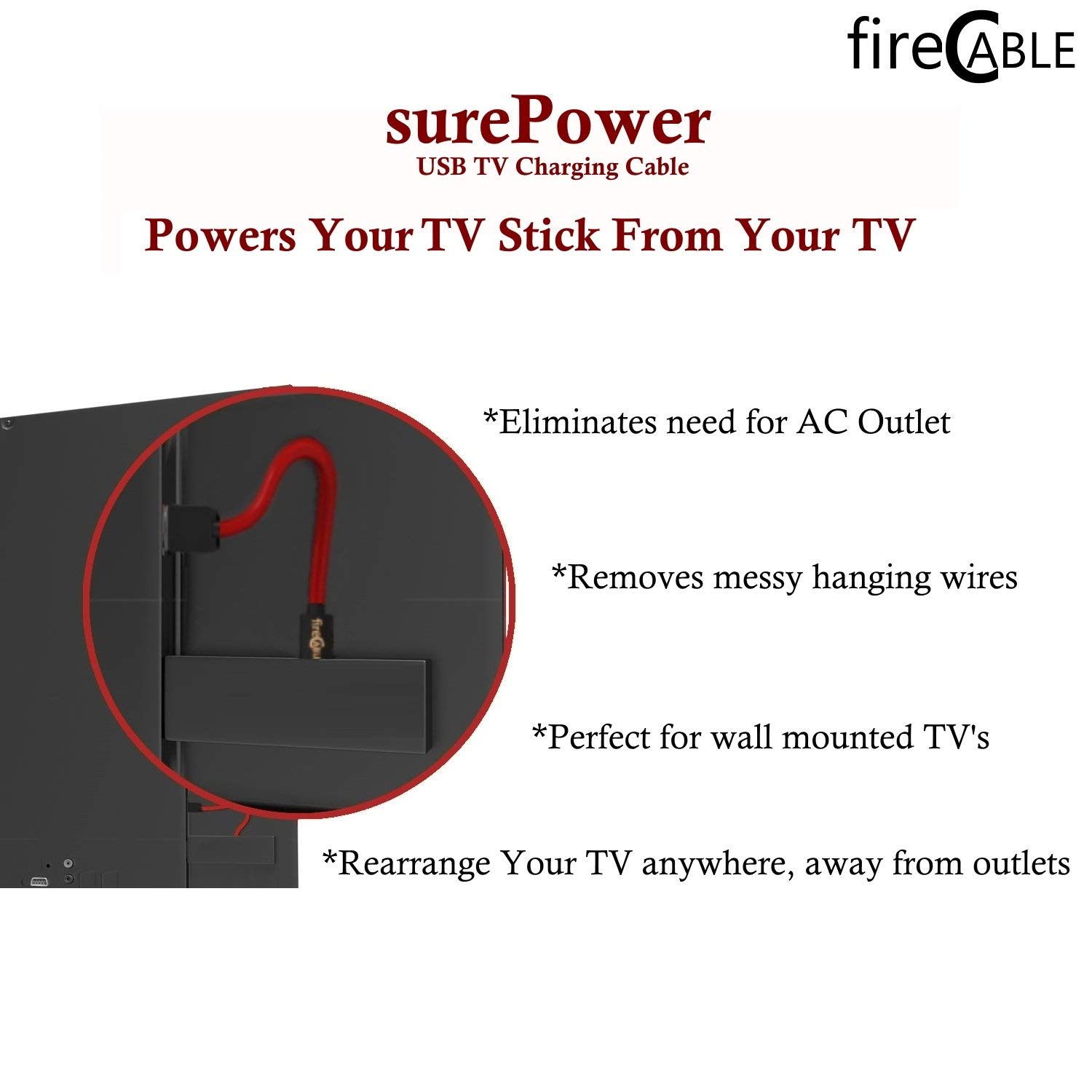 Replacement USB Charging Power Cord for FireStick, Declutters TV Wires