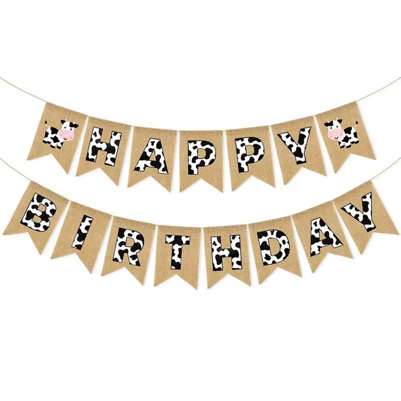 Cow Print Happy Birthday Banner, Burlap Pre-strung Cow Birthday Party Decorations Supplies