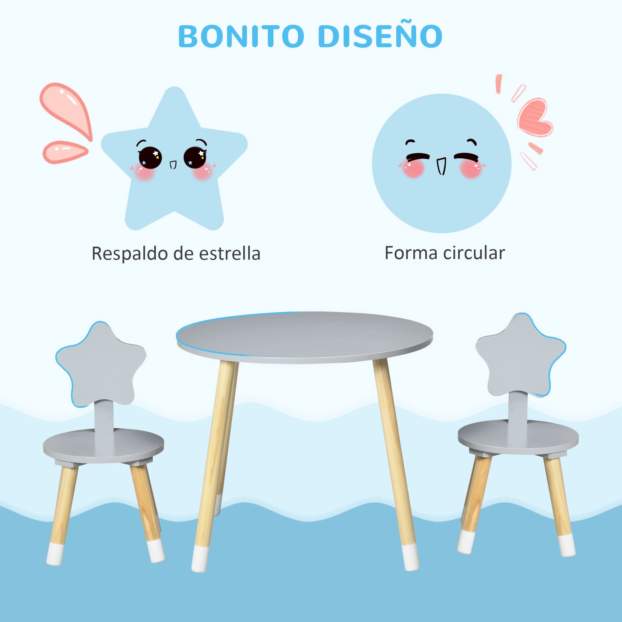 HOMCOM Juego de Mesa y 2 Sillas de Madera para Niños con Mesa Redondo Ø59x50 cm y Sillas Ø28x51 cm Muebles Infantiles para Sala de Juego Dormitorio Gris