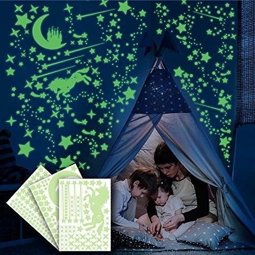 Ezigoo Luminoso Pegatinas De Pared y techo - 292 Piezas (Unicornio, Castillo, Luna, Estrellas y Puntos). Set De Decoración Destello De Oscuridad. Decoración Para Dormitorios Infantiles