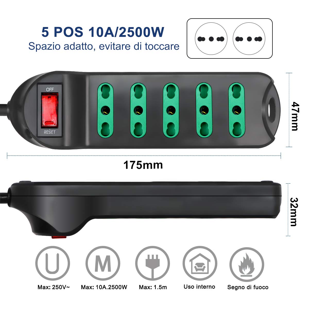 Ciabatta Elettrica EXTRASTAR Con Protezione - 3 Prese, Interruttore Sicuro, Cavo 1.5m