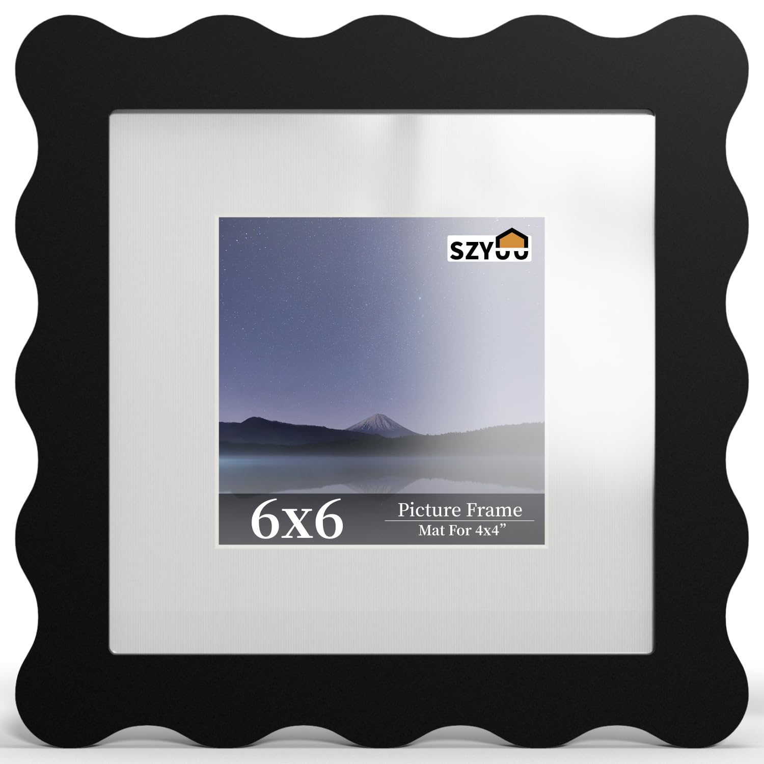 SZYUU 6x6 Wavy Picture Frame with Mat for 4x4, Real Glass and Wooden​ Frame - Tabletop or Wall Hanging Photo Frame(1 Pack,Black) — image 1