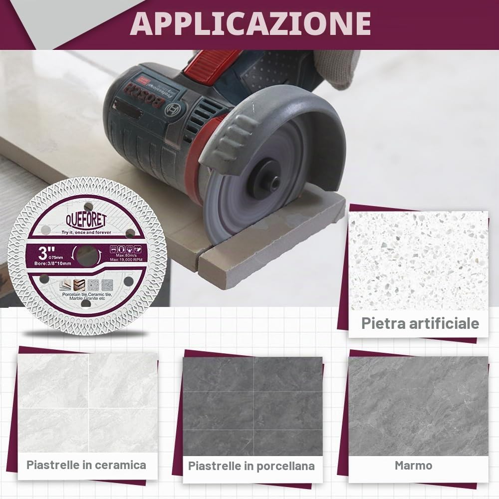 Dischi Diamantati per Piastrelle 75mm 4 Pezzi - Disco Taglio per Gres Porcellanato Ceramica Marmo Pietra Artificiale, con Albero da 10mm