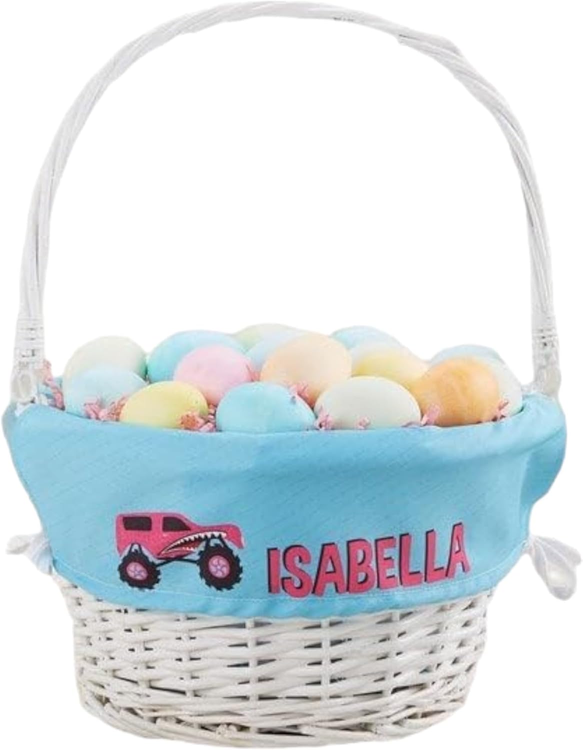 Personalization Universe Personalized Construction & Monster Trucks White Easter Basket – Embroidered Basket Liner for Children – Custom Kids Wicker Easter Egg Basket with folding Handle