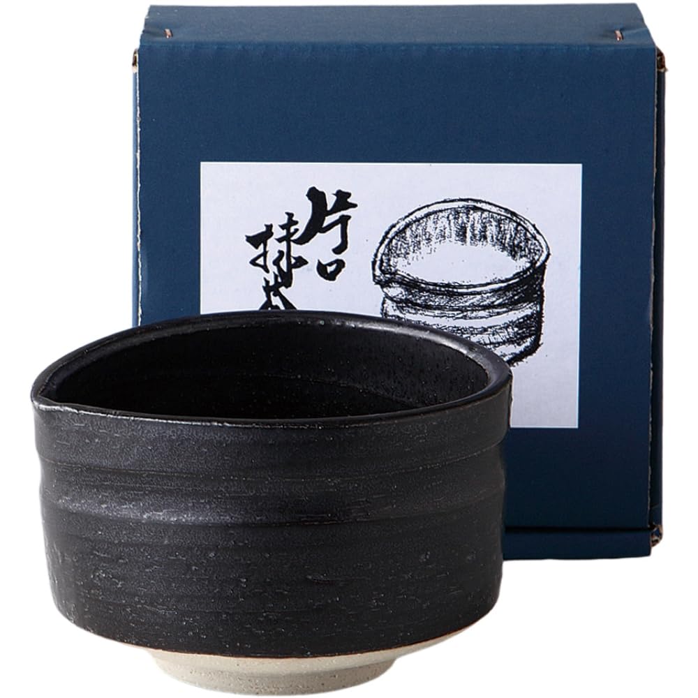 Ale-net Matcha Bowl, W4.8 x D4.3 x H3.0 inches (12.2 x 10.8 x 7.5 cm), Black Braed, Katakuchi Matcha Bowl, Pottery, Mino Ware, Made in Japan