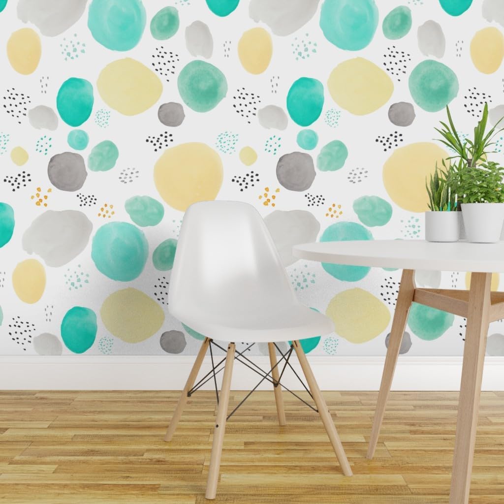 Spoonflower Removable Wallpaper 6ft x 2ft - Teal Grey Gold Watercolor Dots Yellow Midcentury Modern Polka Aqua Custom Pre-Pasted Wallpaper