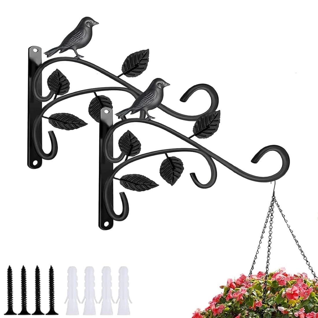 Pack of 2 Metal Bracket Hanger for Flower Basket, Wind Chimes, Bird Feeders and Lantern Plants | Bird Design Wall Mounted Hanging Plant Bracket for Indoor and Outdoor (BD4 - Black)-image-43