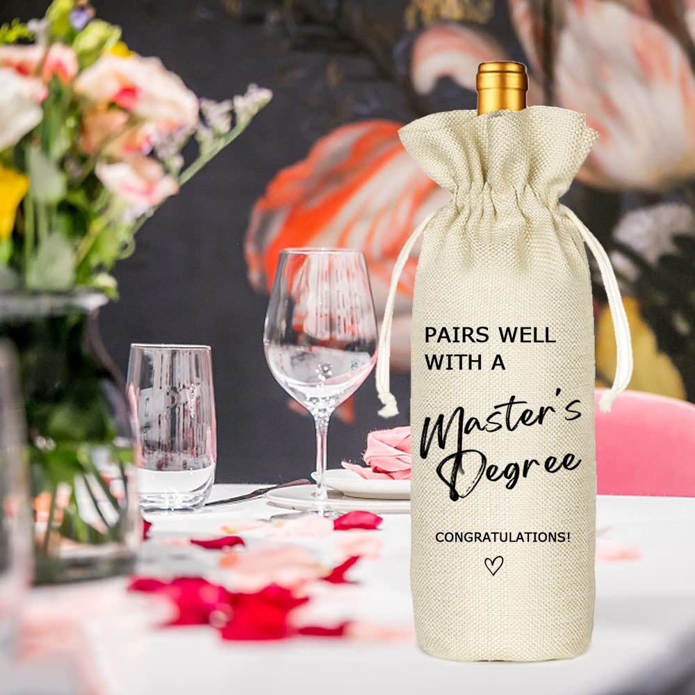 Master's Degree Gift Wine Bag, Graduation Wine Gift Bags, Funny Graduation Gift, Party Supplies, Class of 2025, Party Favors, Drawstring Wine Bag - Pairs Well With a Master's Degree