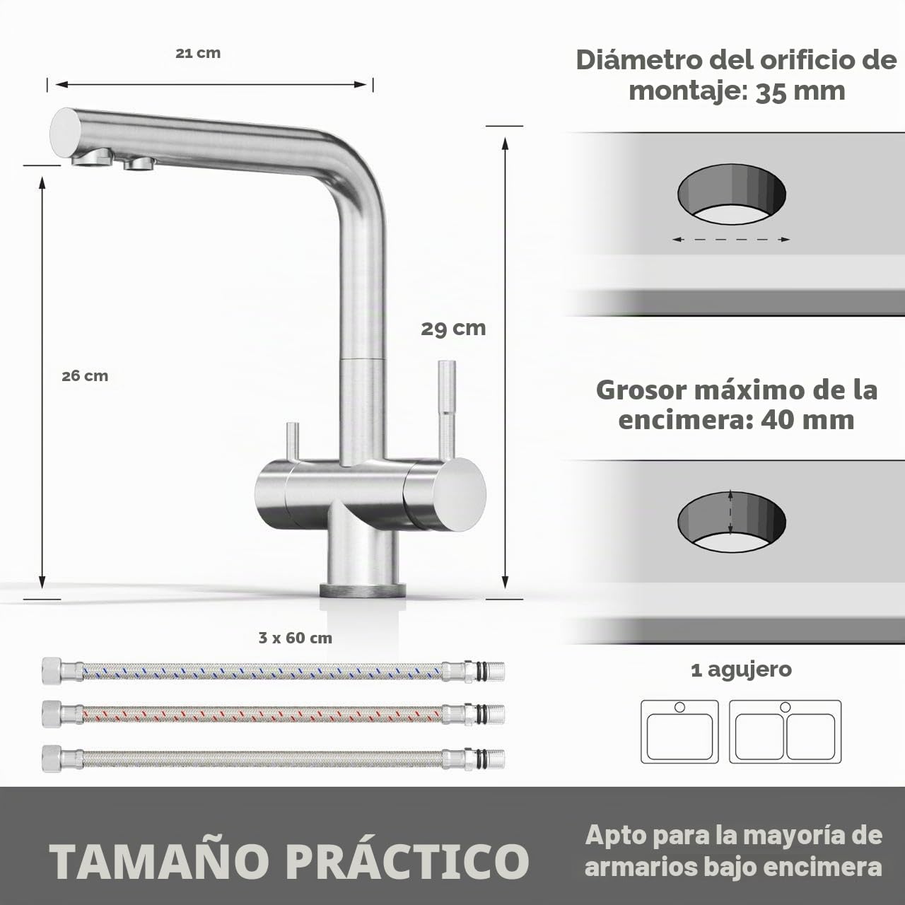 Neues Wasser Group Louis Inox Grifo para fregadero de cocina giratorio 360°, grifo de acero inoxidable 304, sistema de filtro de agua por ósmosis inversa de 3 vías cepillado mate