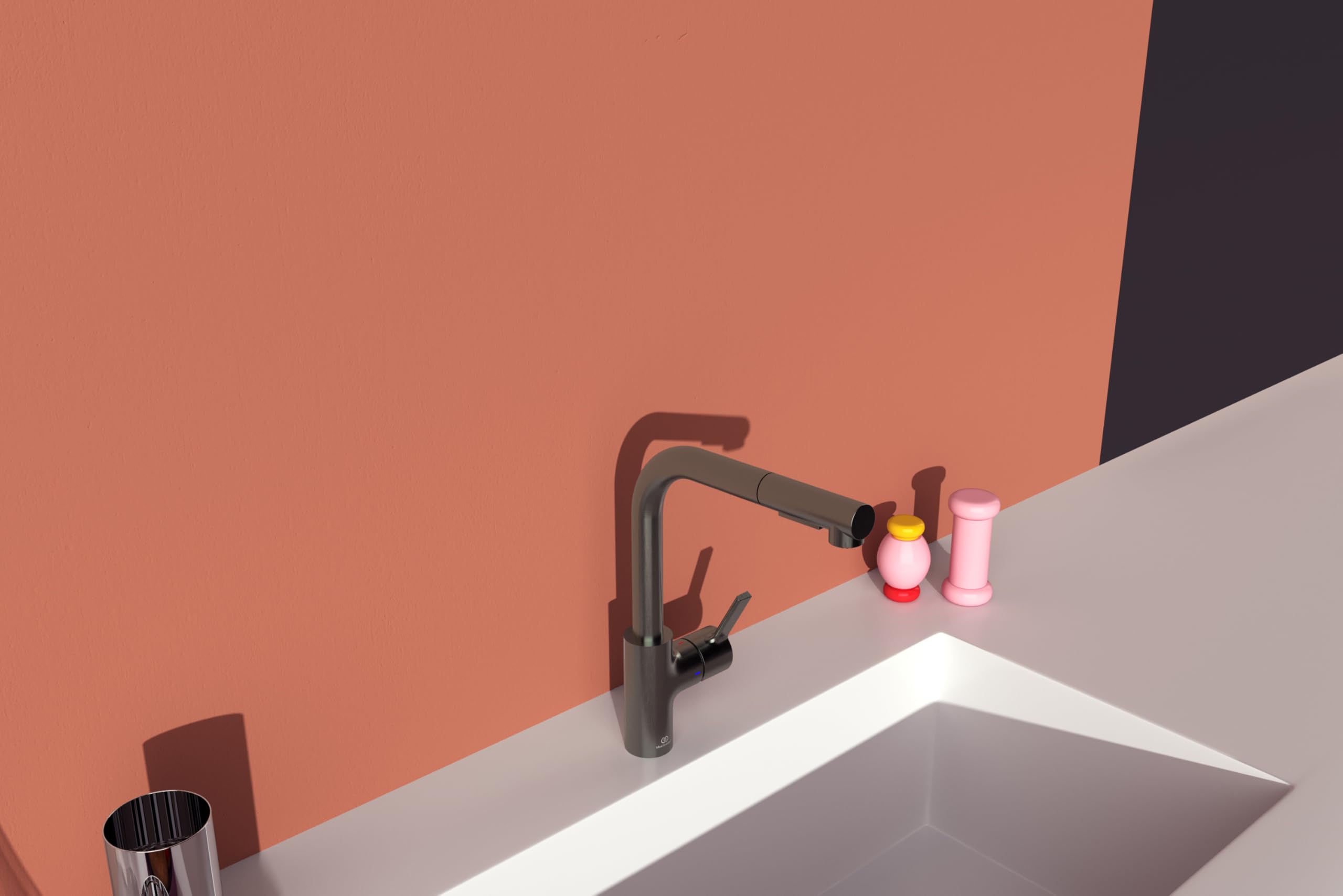 Ideal Standard – Gusto Monomando de cocina, Caño redondo en L, con rociador extraíble y dos modos de chorro, caño giratorio 360°, fácil de instalar con fijación EasyFix+, Gris Magnético