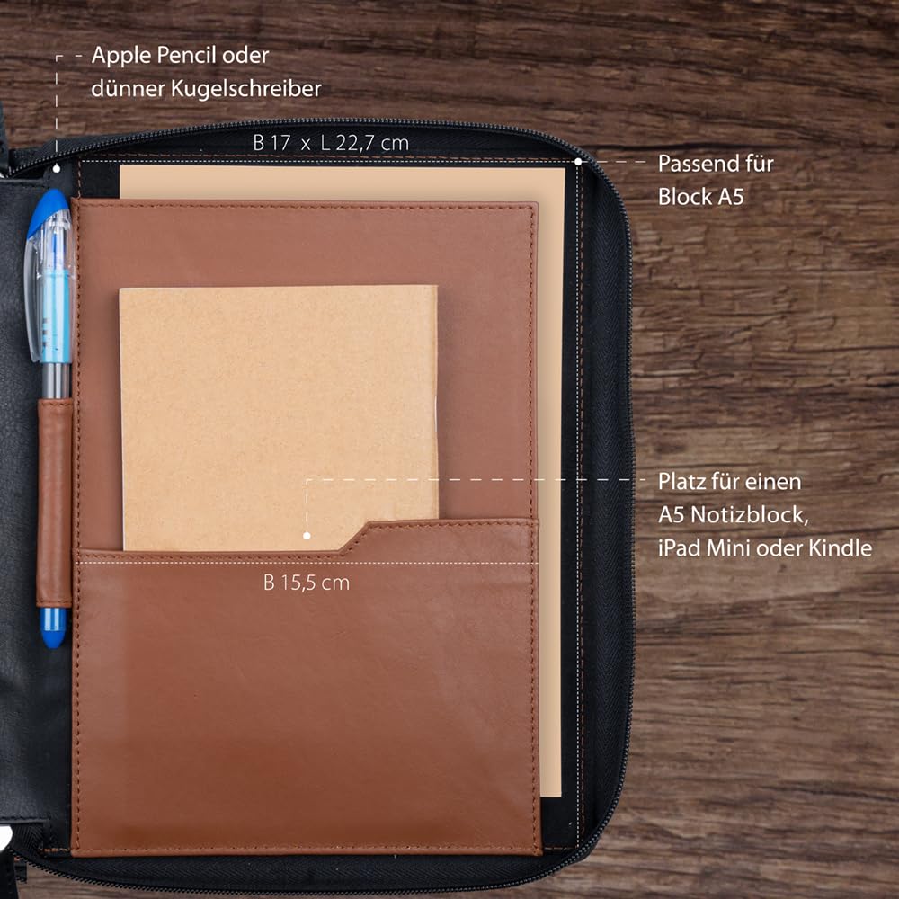 HANS/SON Business-Organizer – Edles Echt-Leder-Case mit 2 Fächern, Platz für A5 Block oder Tablet und wichtige Utensilien, ideal für unterwegs - schwarz, innen braun
