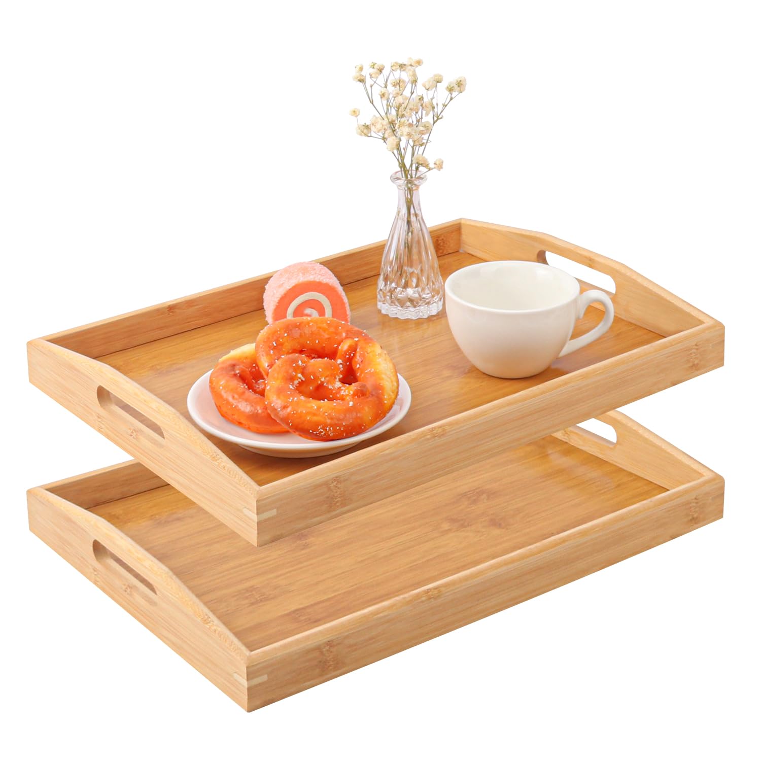 Geytetqi 2 PCS Bamboo Serving Tray, Breakfast Bed Tray with Handle, 15.8 x 11.4 x 2 Inch Wood Serving Tray for Serving, Breakfast Bed Trays for Eating
