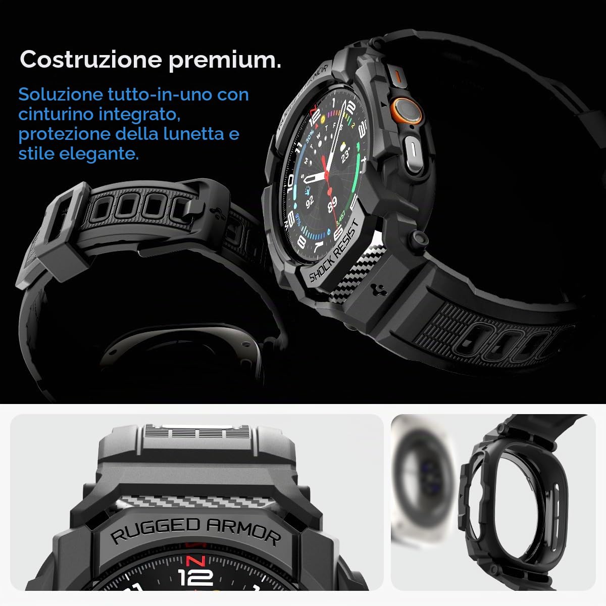 Spigen Cover Rugged Armor Pro con cinturino per Galaxy Watch Ultra 47mm | Custodia unibody in TPU con cinturino, dettagli in fibra di carbonio, bordi rialzati, Modelli 2025/24 - Nero opaco