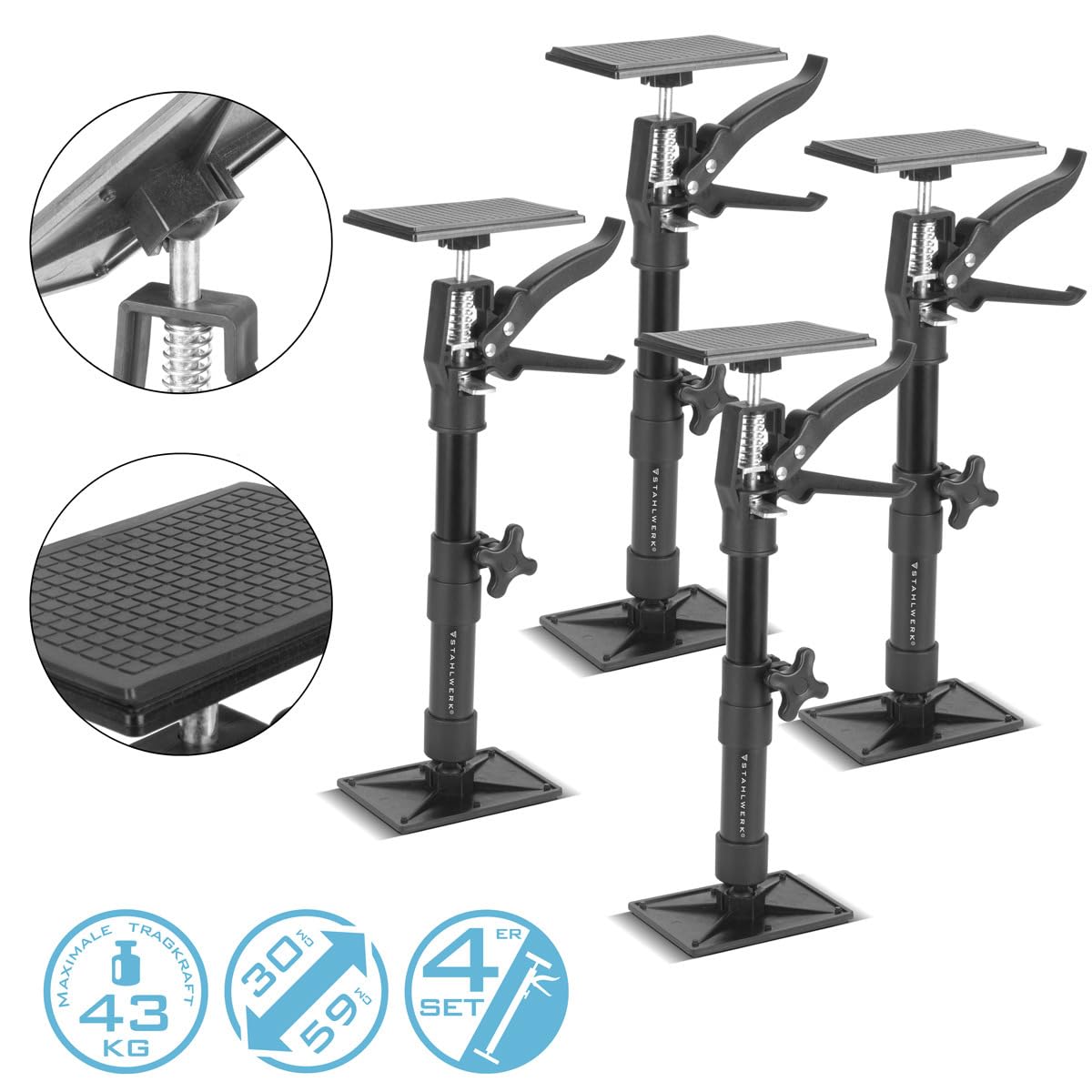 STAHLWERK Teleskop-Stützstange 4er Set 30-59 cm mit 43 kg Tragkraft Montagestütze | Baustütze | Teleskopstütze | Türspanner | Deckenstütze | Spannstütze | Einhandstütze | Schnellspannstütze