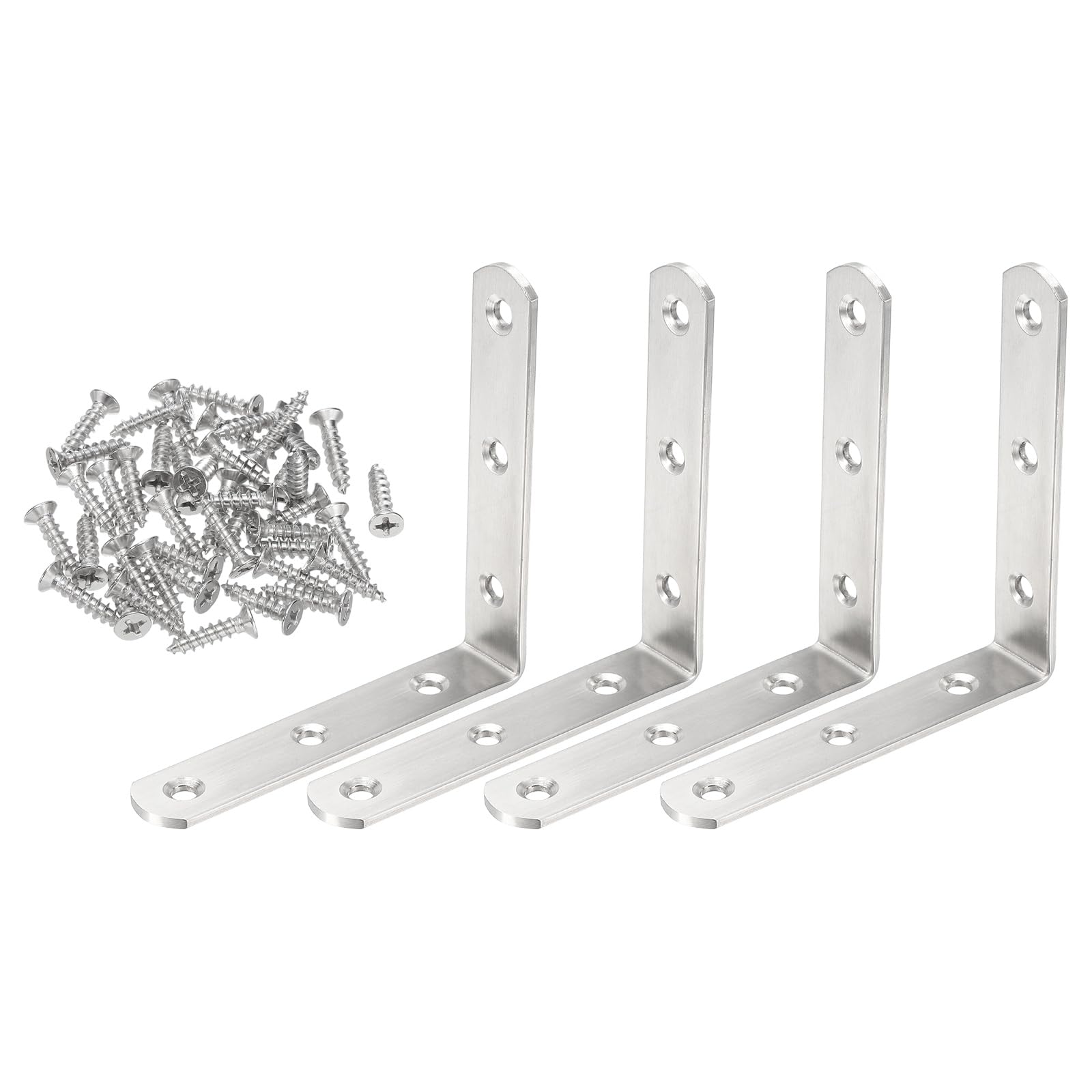 PATIKIL 4 Pcs Metal L-Shape Brackets, 100mm x 100mm (3.9"x3.9") 90 Degree l Bracket Corner Braces Stainless Steel Right Angle Mounts with Screws for Wood Shelves Furniture, Silver