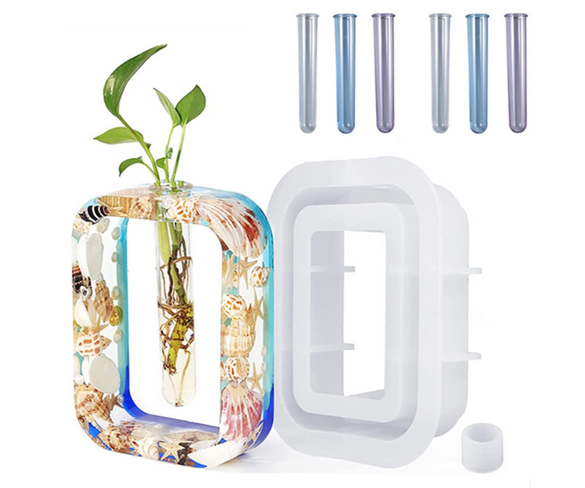 Plant Propagation Table Resin Mold Casting Mold, DIY Epoxy Resin Vase Silicone Mold, with 6 Three-Color Test Tubes + 1 Resin Mold, Suitable for Hydroponic Flowers, Home Office Decoration (Square).