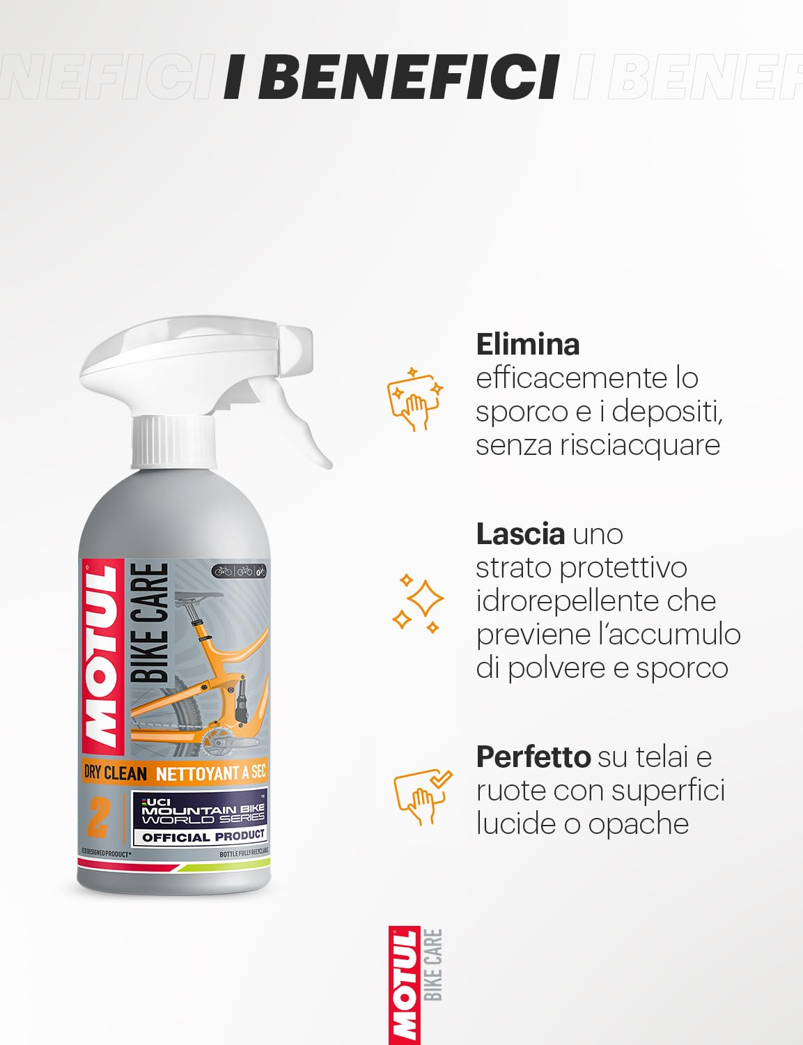 Motul - Spray per Pulizia a Secco del Telaio per Biciclette MTB - Senza Risciacquo - Tutte Le Superfici - Asciugatura Rapida - Senza Solventi e Siliconi - Bike Care Dry Clean off Road - 500 ml