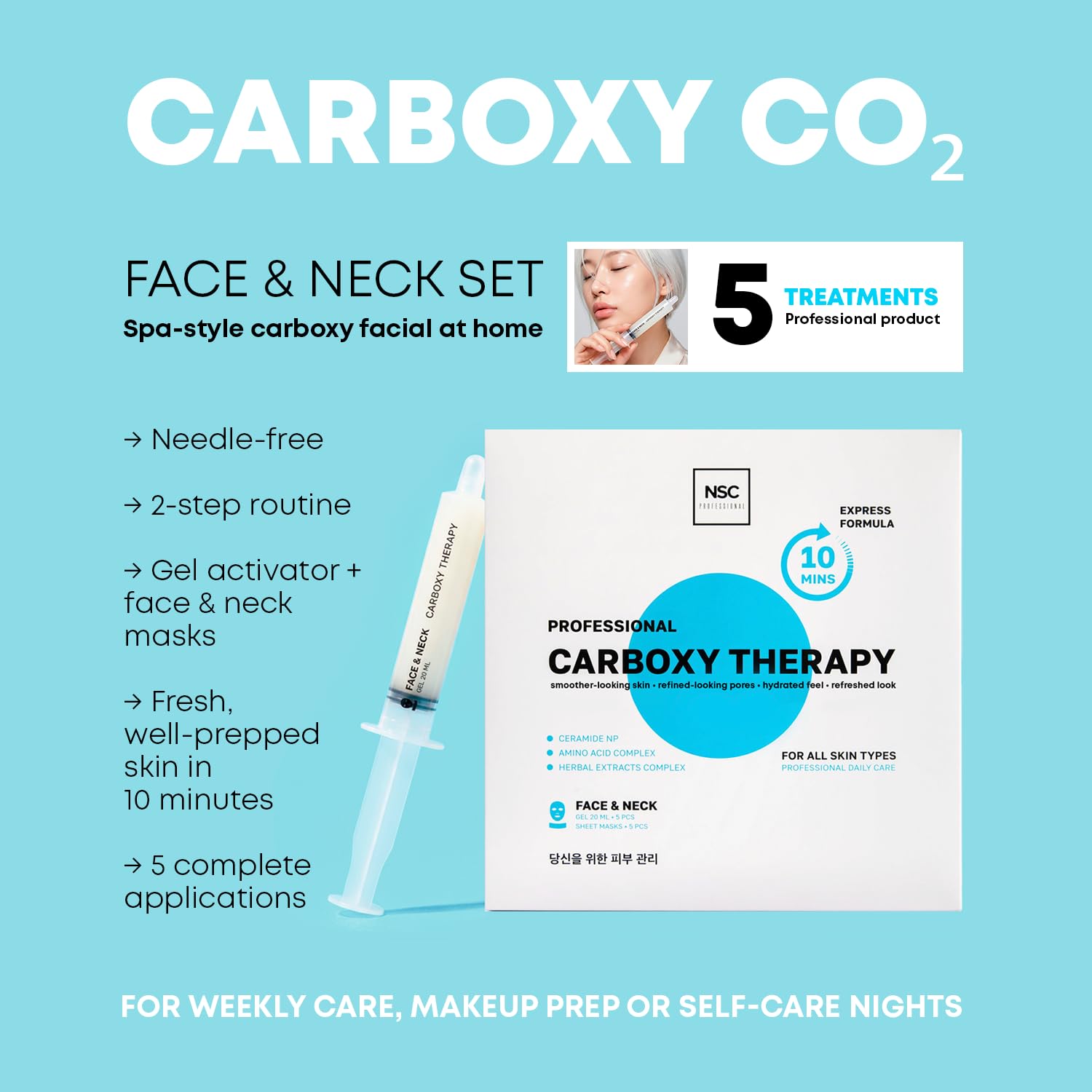 NSC Name: Set mit 5 Gesichtsmasken und Halsmasken mit koreanischer Carboxytherapie für die Hautpflege, feuchtigkeitsspendende Stoffmasken mit Sauerstoff und Carboxytherapie, feuchtigkeitsspendendes