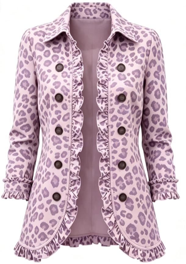 Open Front Jacket for Women - Ruffle Trim Button Down Leopard Peplum Coats - image 3
