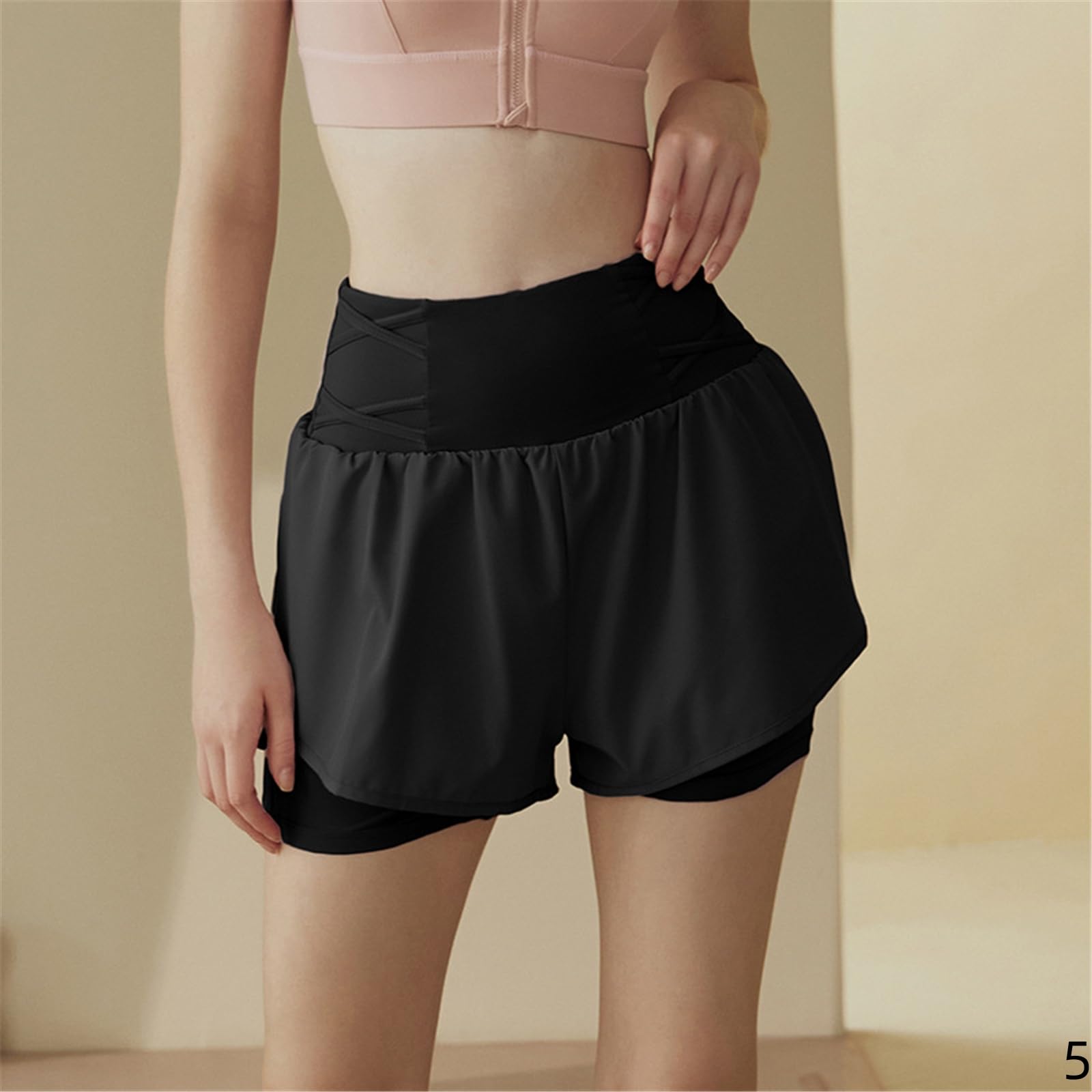 Short Femme Été Mince Faux Sportif en Deux Pièces pour Femmes Hautes Taille Pantalon De Yoga Vrac-Bleu Foncé-XXL
