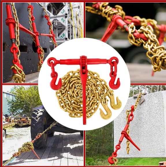 Image of G70 Transport Binder Chain 5 /16 inch -3 /8 inch, 5 /16 inchx10ft Heavy Duty Chains, Binder Chains with Grappling Hook Load Binder for Industrial, Agricultural, Logging, Towing, 2 Binders and 2 Chains