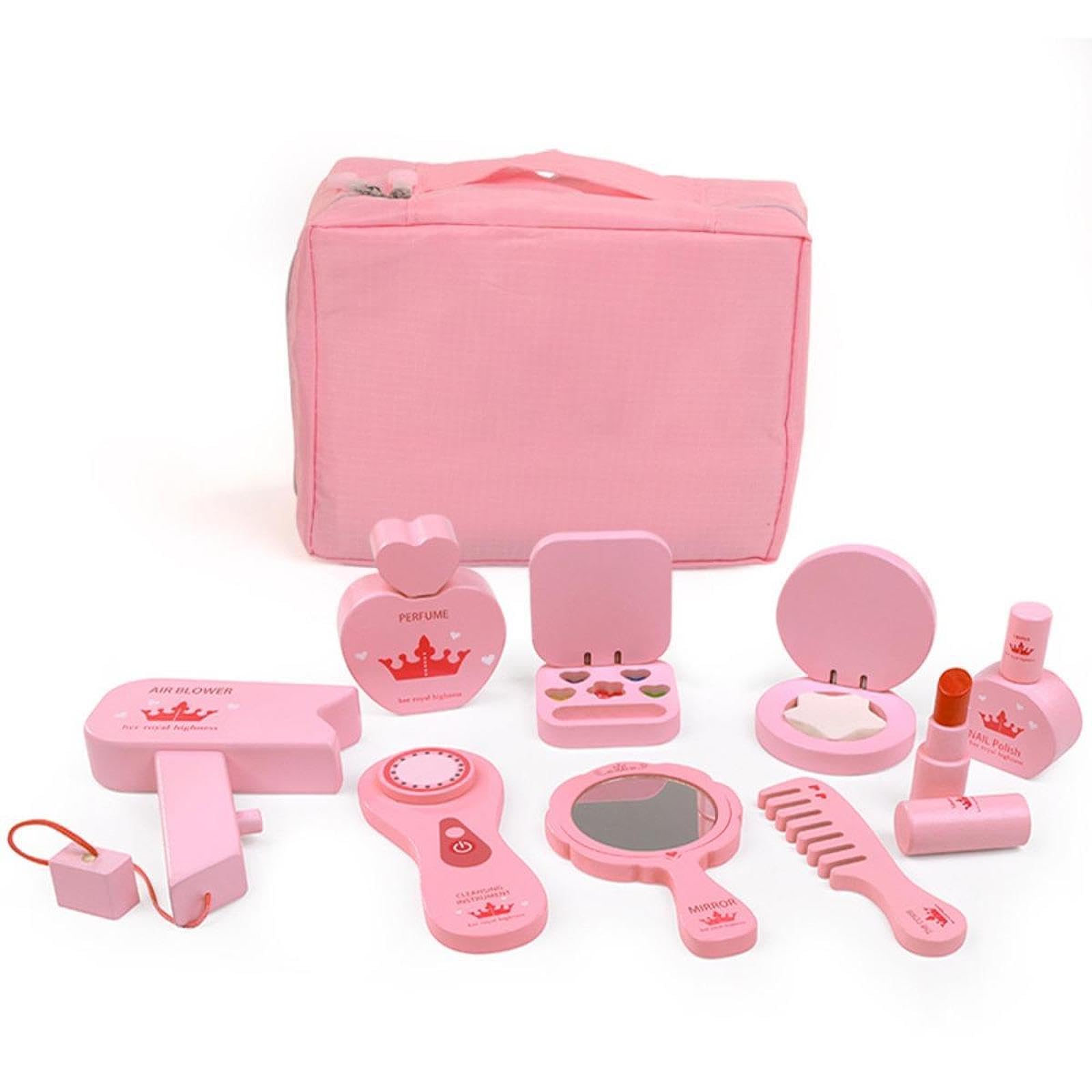 Kit Trucco Finto Bambina 10 Pezzi, Giocattolo Trucco in Legno e Stoffa, Portatile per Gioco di Ruolo