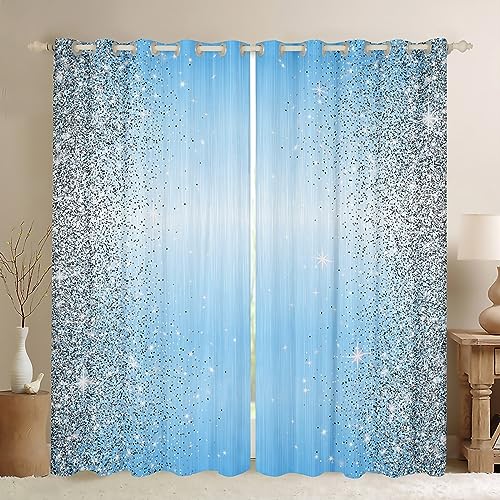 Manfei Abstract Print (No Glitter) Kids Window Curtains Fashion Blue Window Drapes for Boys Girls, Cartoon Print Window Treatments, No Sequins, Grommet Top 2 Panel Set Bedroom Curtains, 38Wx54L inch
