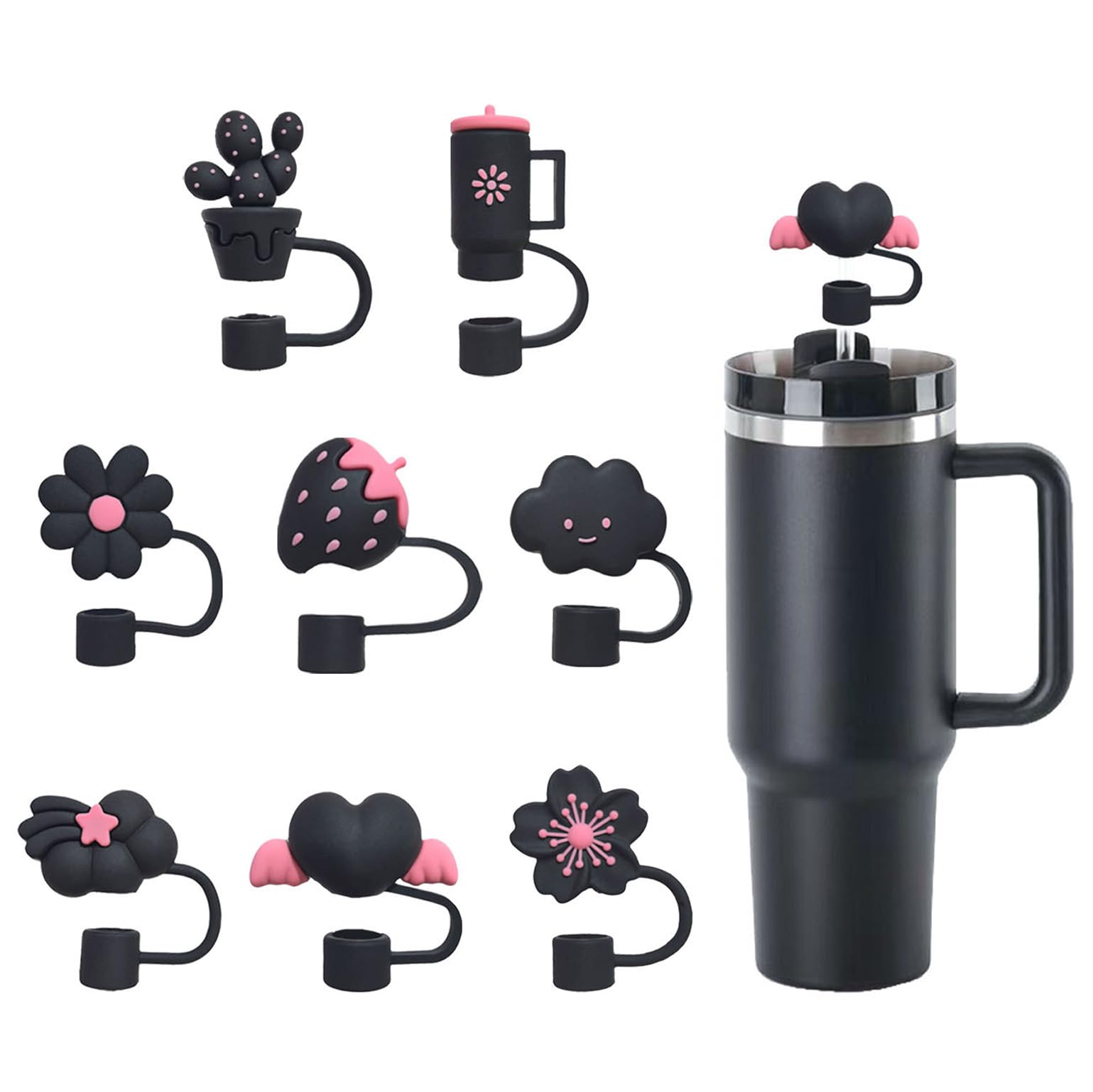 cybersnc 8-piece set stanley straw cover cap for tumbler, reusable silicone straw protectors with dust-proof design, compatible with stanley sipper accessories & tumblers (black)