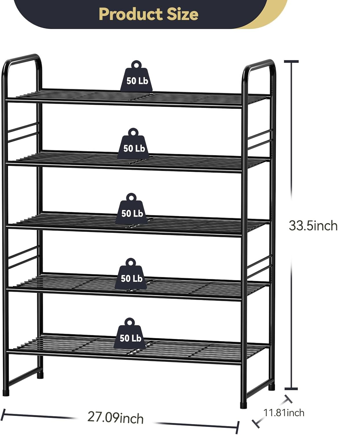 5 Tier Shoe Rack Closet Metal Heavy Duty, Stackable, Black
