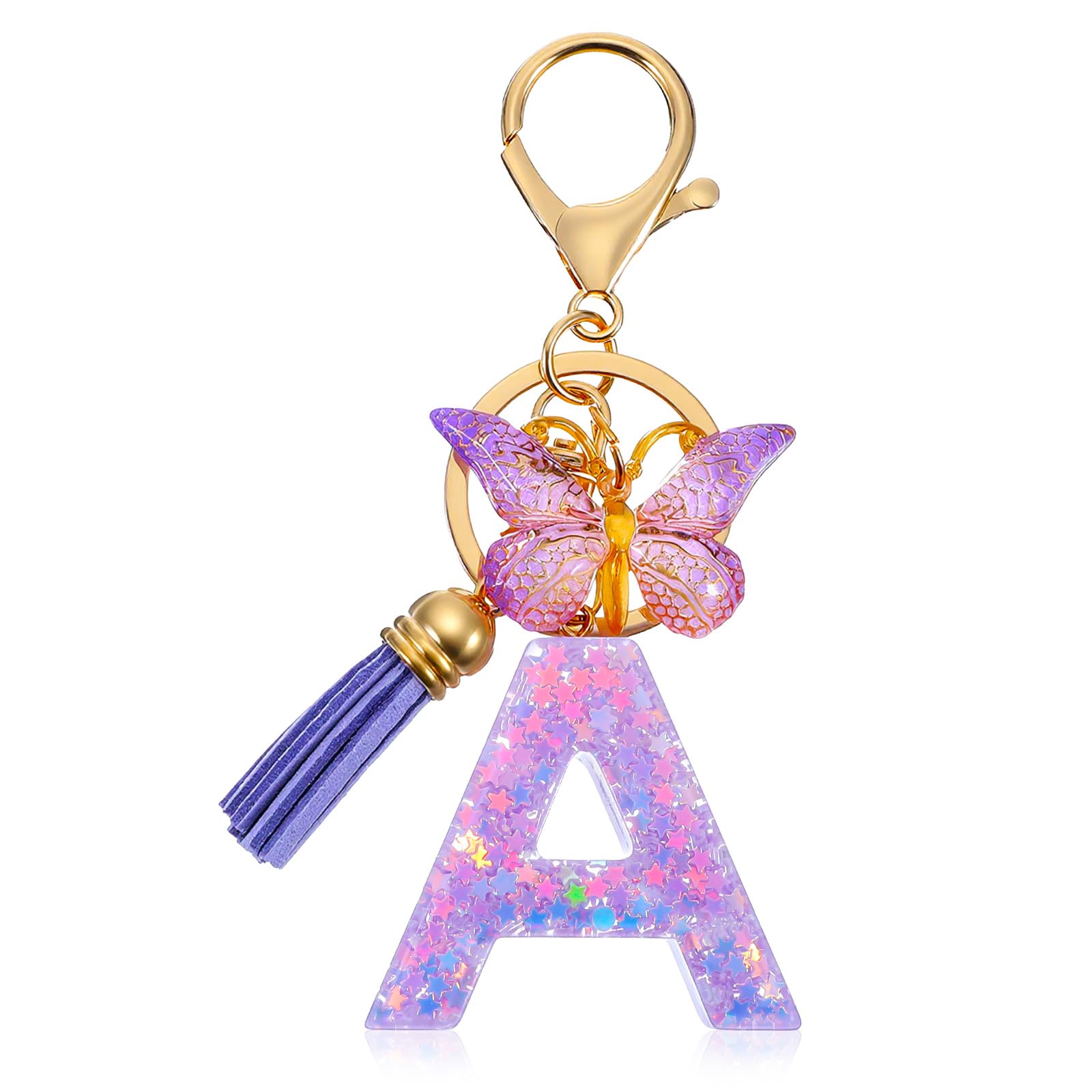 Initial Keychains Purple Letter Keychain A Bag Charm Backpack Accessories Purse Chains for Handbags Cute Key Chain with Tassel Butterfly for Women Girls